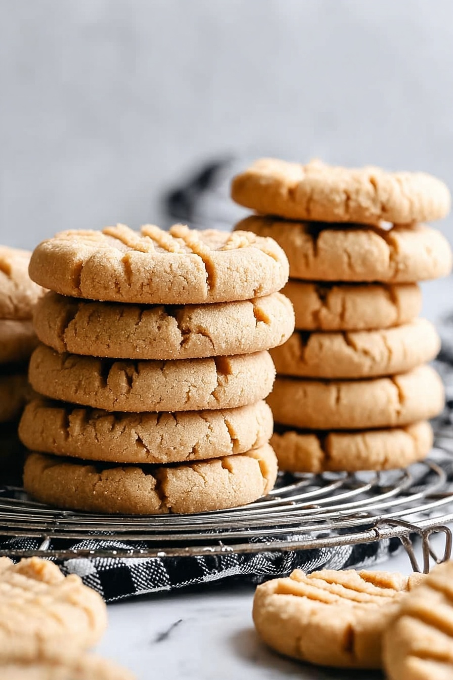 Easy Soft Peanut Butter Cookies, soft peanut butter cookies, homemade peanut butter cookies, simple peanut butter cookie recipe, quick peanut butter treats - The image shows a stack of golden brown peanut butter cookies on a white marbled surface, with four whole cookies at the bottom and one broken cookie placed on top, revealing a soft and crumbly inside with a slightly coarse texture. The cookies have visible fork marks on the surface and look slightly rough with a cracked appearance. Nearby, another shorter stack of similar cookies is partially visible, and the background is softly blurred, highlighting the warm, rich color and texture of the cookies. Photo taken with an iphone --ar 2:3 --v 7