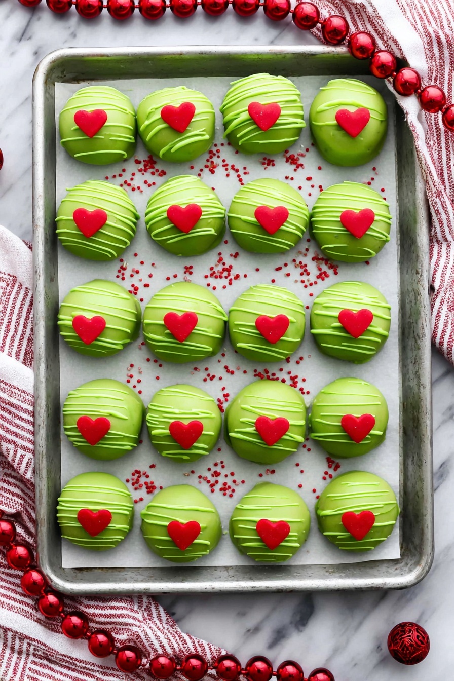 Grinch Oreo Balls, festive holiday treats, Christmas no-bake desserts, fun holiday snacks, green Oreo ball recipes - A white plate filled with two kinds of round sweets. One kind is smooth and shiny with a bright green coating and topped with small red heart shapes. The other kind has the same green coating but is decorated with thin green lines drizzled all over and small red sprinkles. One of the smooth sweets is bitten, showing a bright red inside layer. The plate is set on a white marbled surface with a red and white striped cloth visible nearby. Photo taken with an iphone --ar 2:3 --v 7