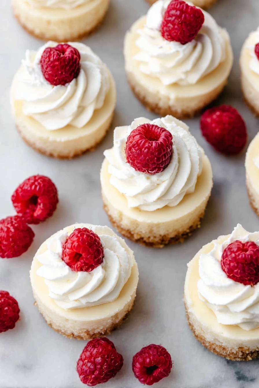 Mini Cheesecake Bites, Mini Cheesecake Bites Recipe, Easy Cheesecake Bites, No-Bake Cheesecake Bites, Party Dessert Ideas - A small cheesecake held by a woman's hand with light pink nail polish is shown close up. The cheesecake has three visible layers: the bottom crumbly brown crust, a thick smooth off-white cream cheese layer in the middle, and a swirl of soft white whipped cream on top. A bright red raspberry sits in the center on top of the whipped cream swirl. The background is a plain white marbled texture. photo taken with an iphone --ar 2:3 --v 7