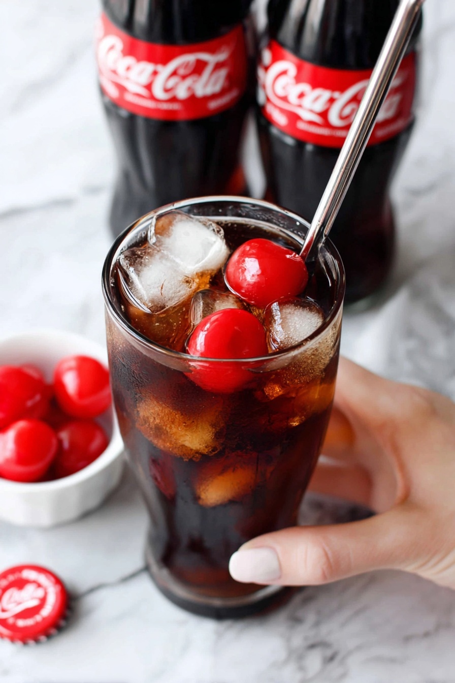 Roy Rogers Drink, Cherry Mocktail, Non-Alcoholic Cola Drink, Easy Summer Mocktail, Vintage Soda Fountain Drink - A tall clear glass filled with dark brown soda and light brown ice cubes, topped with two bright red cherries sitting on the ice near the rim; a silver spoon is being stirred into the drink by a woman's hand from above. The glass sits on a round white marble surface with a few more bright red cherries in a small silver bowl to the left and a red Coca-Cola bottle cap in front. In the background, two classic glass Coca-Cola bottles with red labels stand on the white marble background, slightly blurred. Photo taken with an iphone --ar 2:3 --v 7