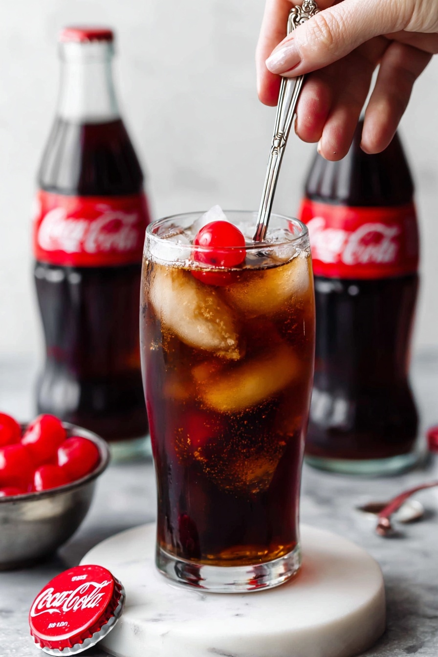 Roy Rogers Drink, Cherry Mocktail, Non-Alcoholic Cola Drink, Easy Summer Mocktail, Vintage Soda Fountain Drink - A clear glass filled with dark brown soda and light ice cubes occupies most of the image, topped with two bright red cherries resting on the ice and a shiny silver metal straw inserted from the right side. The glass is held by a woman's hand on the right edge, set on a white marbled surface. In the background, there are two dark glass Coca-Cola bottles with red and white labels, and at the bottom left, a small white bowl containing more red cherries and a red Coca-Cola bottle cap are visible. photo taken with an iphone --ar 2:3 --v 7