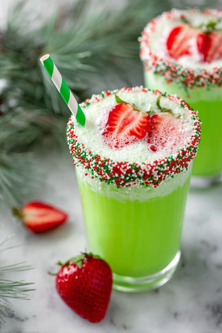 Grinch Punch Lime Sherbet festive holiday drink party punch bright green holiday beverage - Two clear glasses filled with bright green liquid sit on a white marbled surface. Each glass has a thick layer of white froth on top with red strawberry slices floating inside. Around the rim of the glasses is a colorful border of red, green, and white small round sprinkles. One glass has a green and white striped paper straw angled out from the top. There are also two heart-shaped strawberry pieces placed beside the glass in the foreground, with blurred green pine branches in the background. photo taken with an iphone --ar 2:3 --v 7