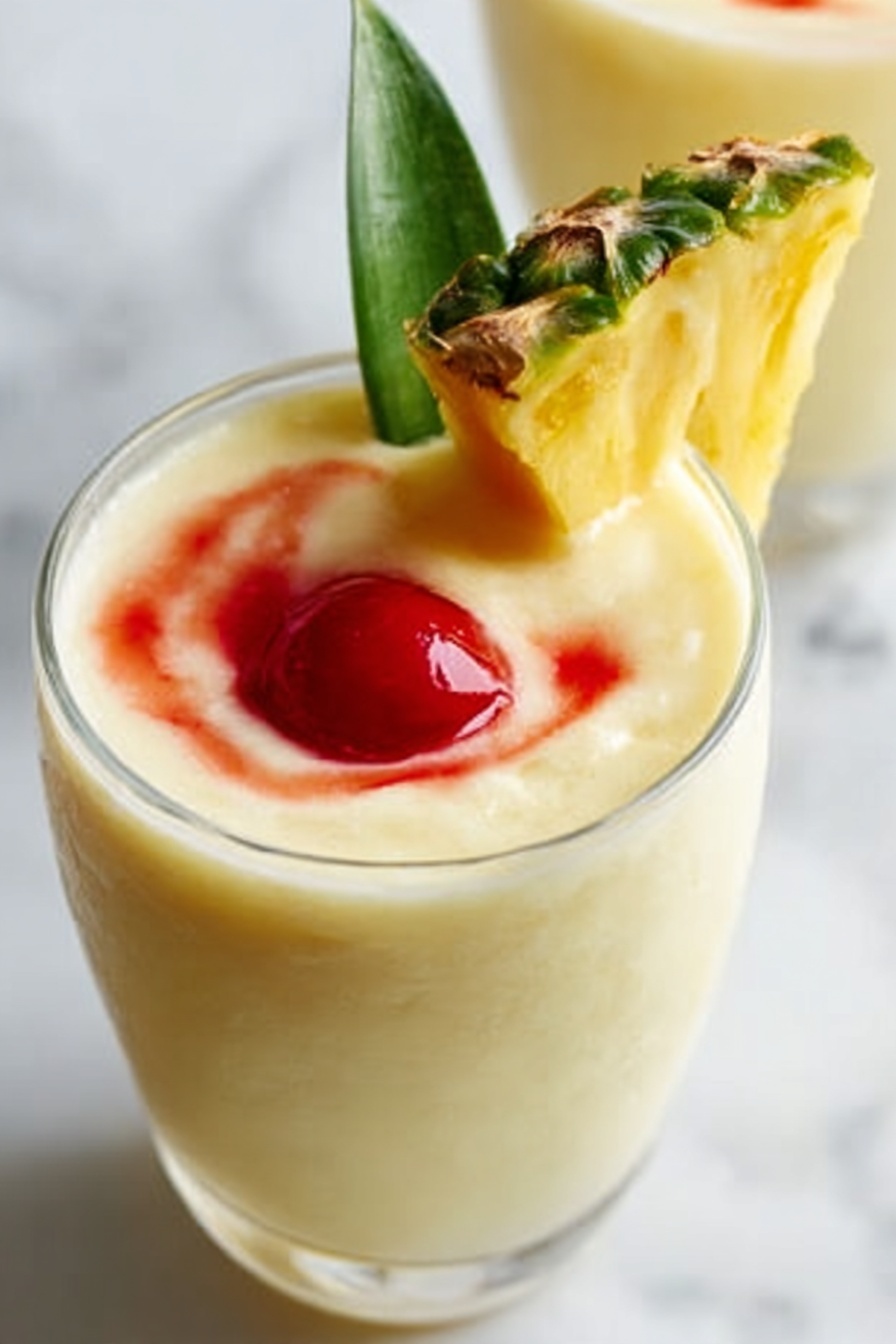 Tropical Piña Colada, piña colada without rum, easy piña colada, pineapple coconut cocktail, tropical drink recipes - The image shows a clear glass filled with a creamy, light yellow smoothie with a smooth texture. On top, there is a swirl of the smoothie with a small pool of red syrup around the edges. A bright red cherry sits on the swirl near the front, and a fresh, triangular slice of pineapple with green leaves is placed leaning against the glass rim. The background is a white marbled surface with a soft blur, creating a clean and fresh look. Photo taken with an iphone --ar 2:3 --v 7
