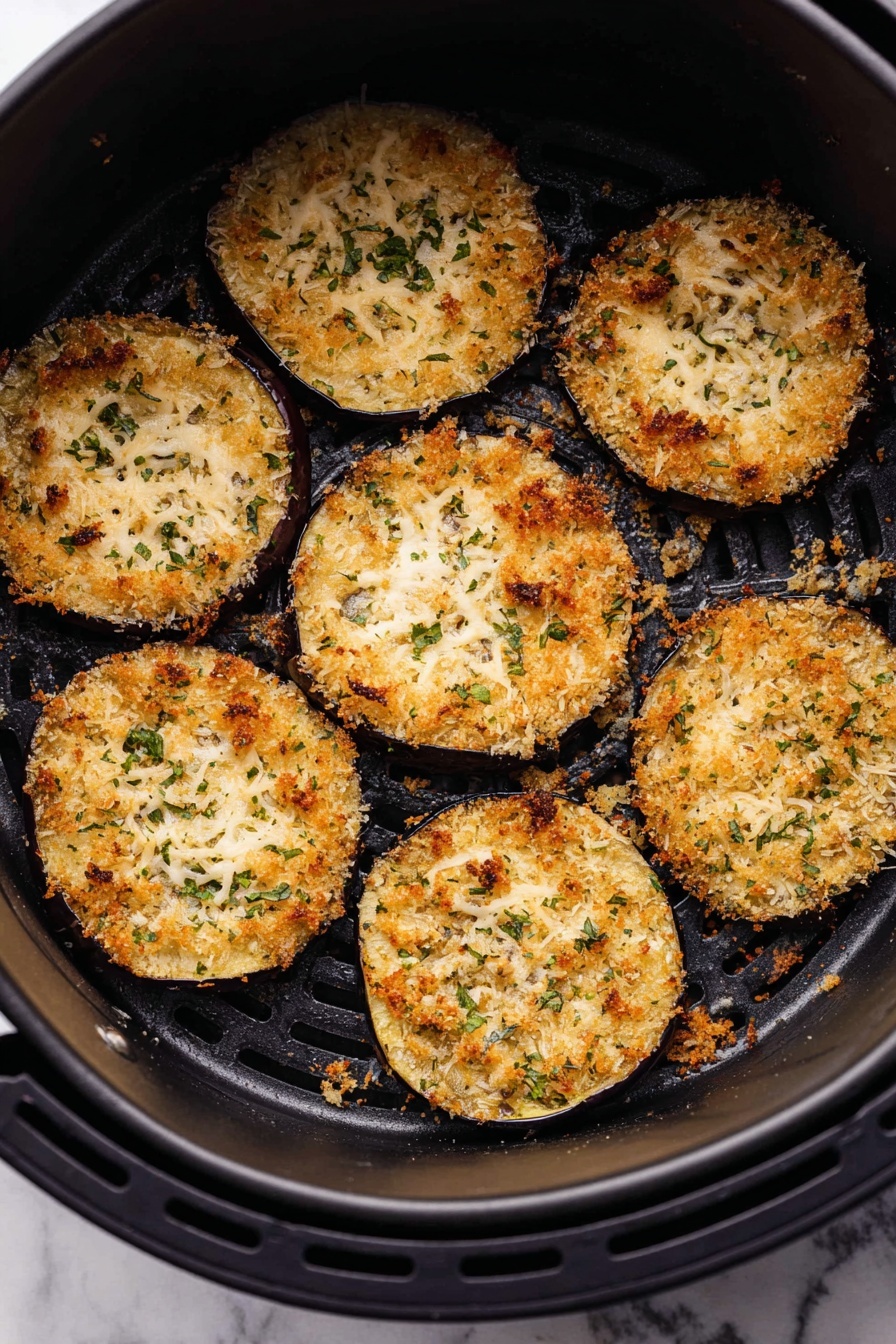 Air Fryer Eggplant Bites, crispy eggplant appetizer, healthy eggplant snack, easy vegetarian appetizer, air fryer veggie recipes - There are seven round slices of eggplant inside a black air fryer basket. Each slice is covered with a golden brown topping made of breadcrumbs and melted cheese, with small green herb bits sprinkled on top. The eggplant slices have a crispy, textured surface with some browned spots from cooking. The air fryer basket has a grid pattern, and some crumbs are scattered around the slices. The background shows a white marbled texture. photo taken with an iphone --ar 2:3 --v 7