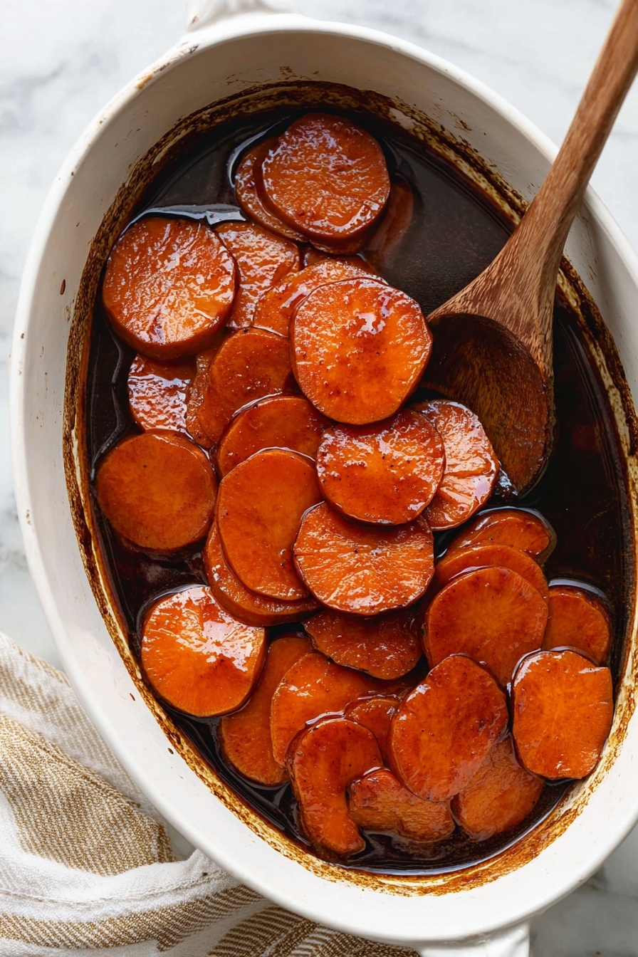 Sweet Candied Yams, candied yams recipe, sweet yam side dish, holiday yams, caramelized yams - A white oval pot filled with several thick slices of cooked sweet potatoes in a dark, shiny sauce that coats each piece evenly. The sweet potatoes are orange with a smooth, glazed texture, arranged in overlapping layers inside the pot. A wooden spoon rests on the right side, partially under some slices, showing a smooth, dark brown surface. The pot sits on a white marbled surface with a beige and white striped cloth partially visible next to it. Photo taken with an iphone --ar 2:3 --v 7