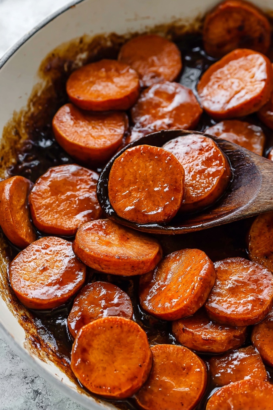 Sweet Candied Yams, candied yams recipe, sweet yam side dish, holiday yams, caramelized yams - The image shows many round slices of sweet potatoes covered in a shiny brown glaze, all inside a white pan. The sweet potatoes have a soft, slightly rough texture with bright orange and caramelized brown colors. A dark wooden spoon holds up some slices near the center right of the pan. The glaze looks thick and glossy, pooling slightly around the slices, making the surface look sticky and rich. The photo was taken on a white marbled texture background. Photo taken with an iphone --ar 2:3 --v 7