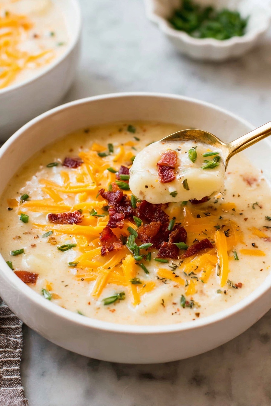 Crock Pot Bacon Potato Soup, easy bacon potato soup, creamy slow cooker potato soup, comforting bacon potato chowder, hearty potato and bacon soup - A white bowl filled with creamy potato soup showing a thick and smooth texture with small soft chunks of potato. The soup is topped with bright orange shredded cheddar cheese, small dark red bacon pieces, and fresh green chopped onions. A gold spoon holds a scoop of the soup above the bowl, showing the cheese melting into the soup with bacon and onion on top. The background is a white marbled surface and there is a small white bowl with green herbs blurred in the background. Photo taken with an iphone --ar 2:3 --v 7
