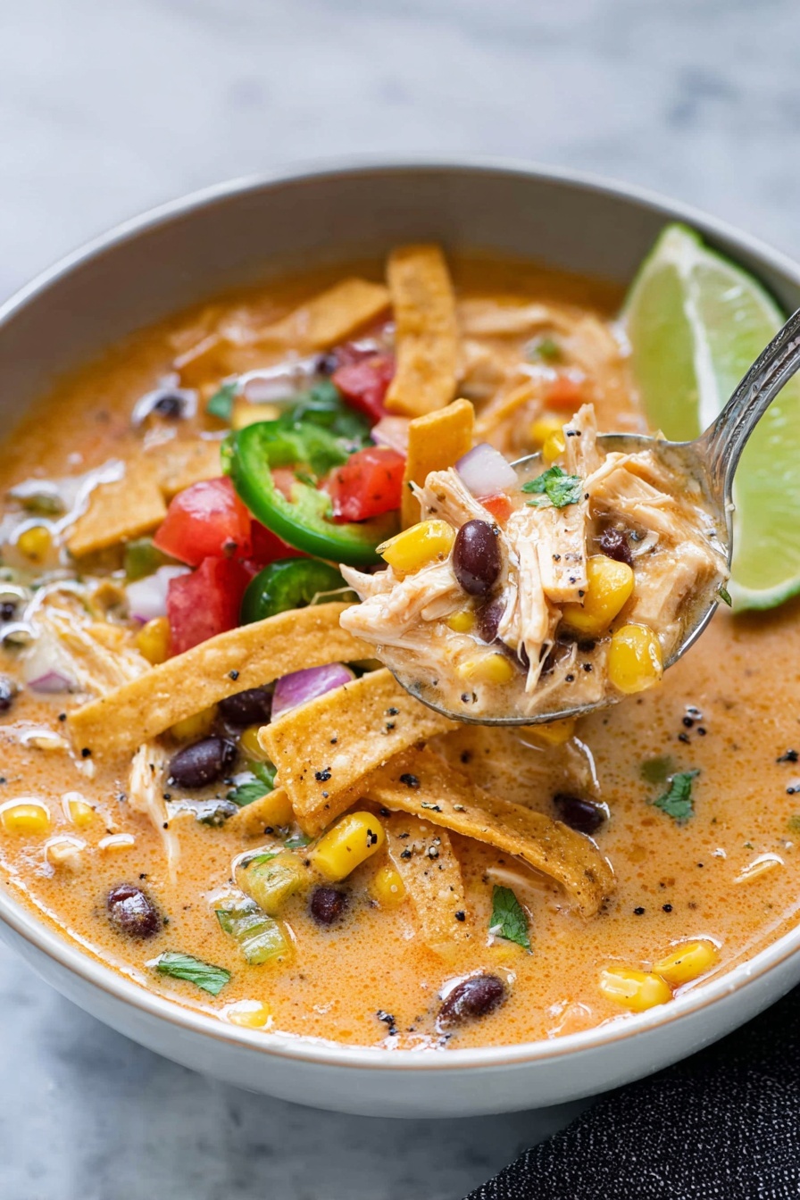 Slow Cooker Chicken Fajita Soup, Easy Chicken Fajita Soup, Tex-Mex Chicken Soup, Crockpot Fajita Soup, Healthy Chicken Fajita Meal - A thick soup in a black slow cooker shows three main layers: a creamy orange base mixed with shredded white pieces of chicken, bright yellow corn kernels, and black beans. The texture looks smooth with small chunks throughout. Fresh green cilantro leaves are scattered on top, adding contrast. There is a sprinkle of black pepper on the surface and a wooden spoon resting inside the cooker near the right side. The slow cooker sits on a white marbled texture. photo taken with an iphone --ar 2:3 --v 7