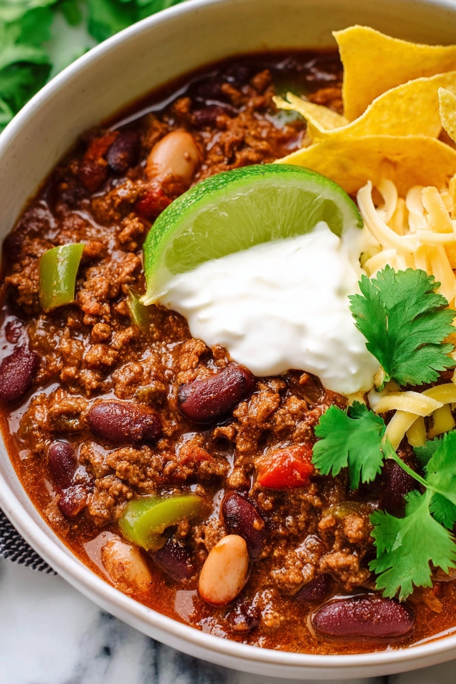 Best Ever Beef Chili, hearty beef chili, easy chili recipe, homemade beef chili, flavorful chili - A close-up view of a bowl filled with a thick chili showing layers of brown cooked ground meat mixed with dark red kidney beans, light brown pinto beans, tomato chunks, and small pieces of green bell pepper, all in a rich reddish-brown sauce; on top near the edge is a dollop of white sour cream with a fresh green lime wedge sitting beside it, a few bright yellow corn chips piled up next to some shredded white and yellow cheese, and a sprig of fresh green cilantro, all arranged in a white bowl on a white marbled surface; photo taken with an iphone --ar 2:3 --v 7