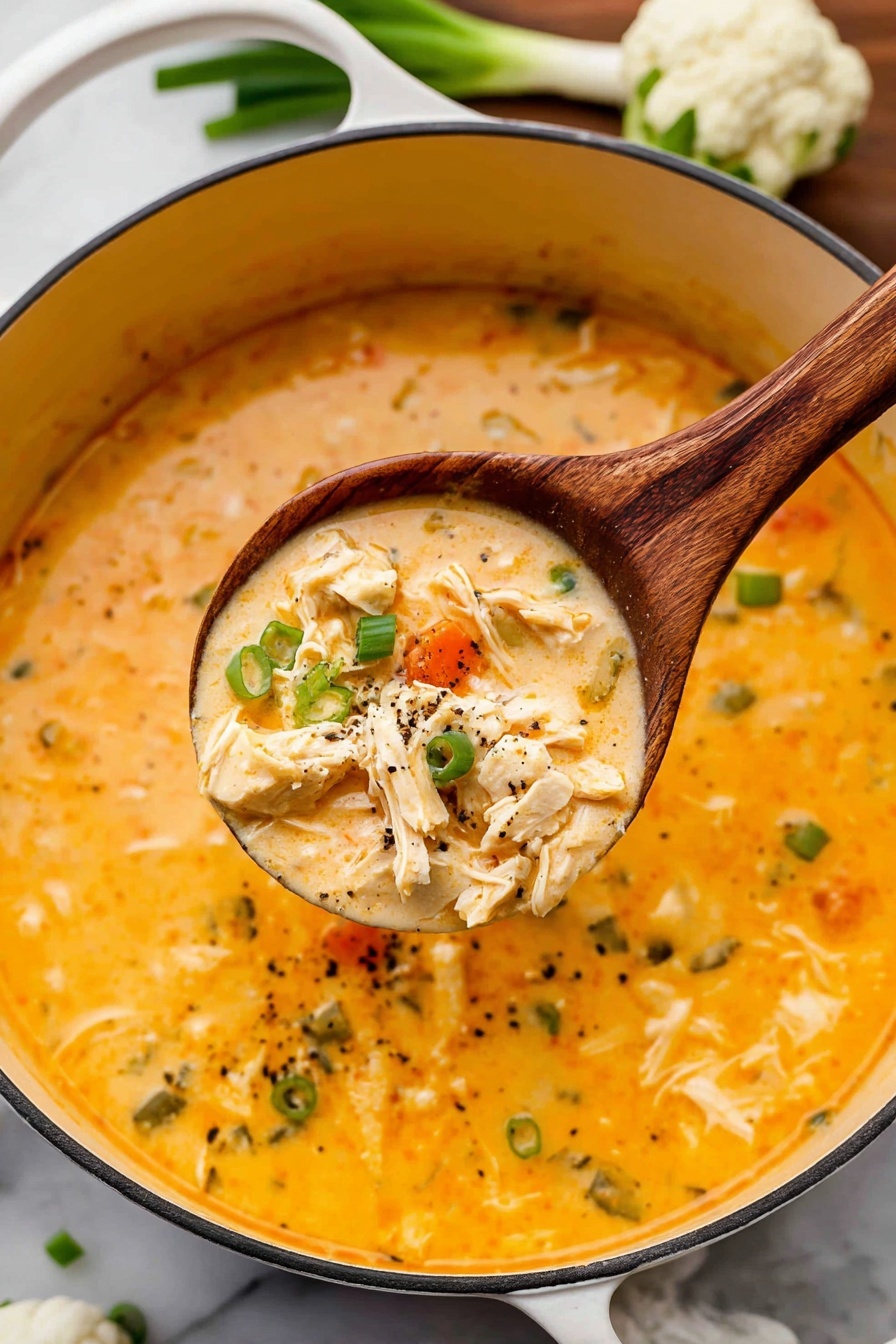 Buffalo Chicken Soup, spicy creamy chicken soup, easy buffalo chicken dish, game day comfort food, quick weeknight soup - A large white pot filled with thick, creamy orange soup with visible chunks of white shredded meat, small orange carrot pieces, and green onion slices scattered throughout. A wooden spoon is lifted from the pot, scooping up a portion of the soup showing distinct layers of orange broth mixed with vegetables and meat, with a sprinkle of black pepper on top. The pot sits on a white marbled surface, and parts of green onions and cauliflower are softly blurred in the background. Photo taken with an iphone --ar 2:3 --v 7