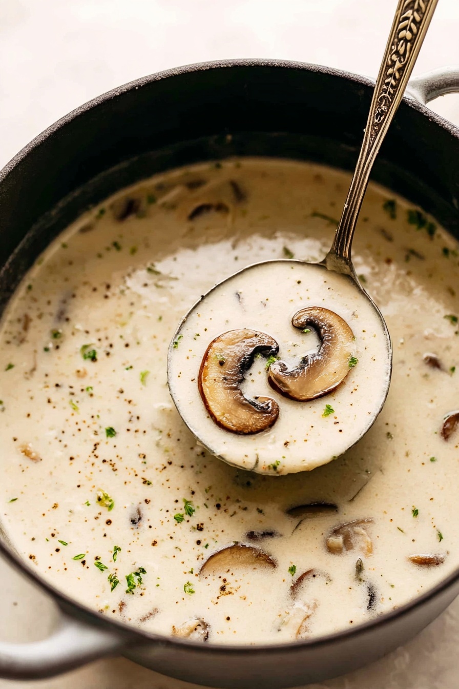 Creamy Mushroom Soup, hearty mushroom soup, easy mushroom soup, comforting mushroom recipes, velvety mushroom soup - A black pot filled with creamy white mushroom soup that has visible slices of brown mushrooms and small green herb bits sprinkled throughout. A silver ladle lifts some soup in the center, showing two curved mushroom slices and more herbs on the smooth, thick soup surface. The soup has a light pepper sprinkle for texture. The pot sits on a white marbled surface with a soft light and neutral background. Photo taken with an iphone --ar 2:3 --v 7
