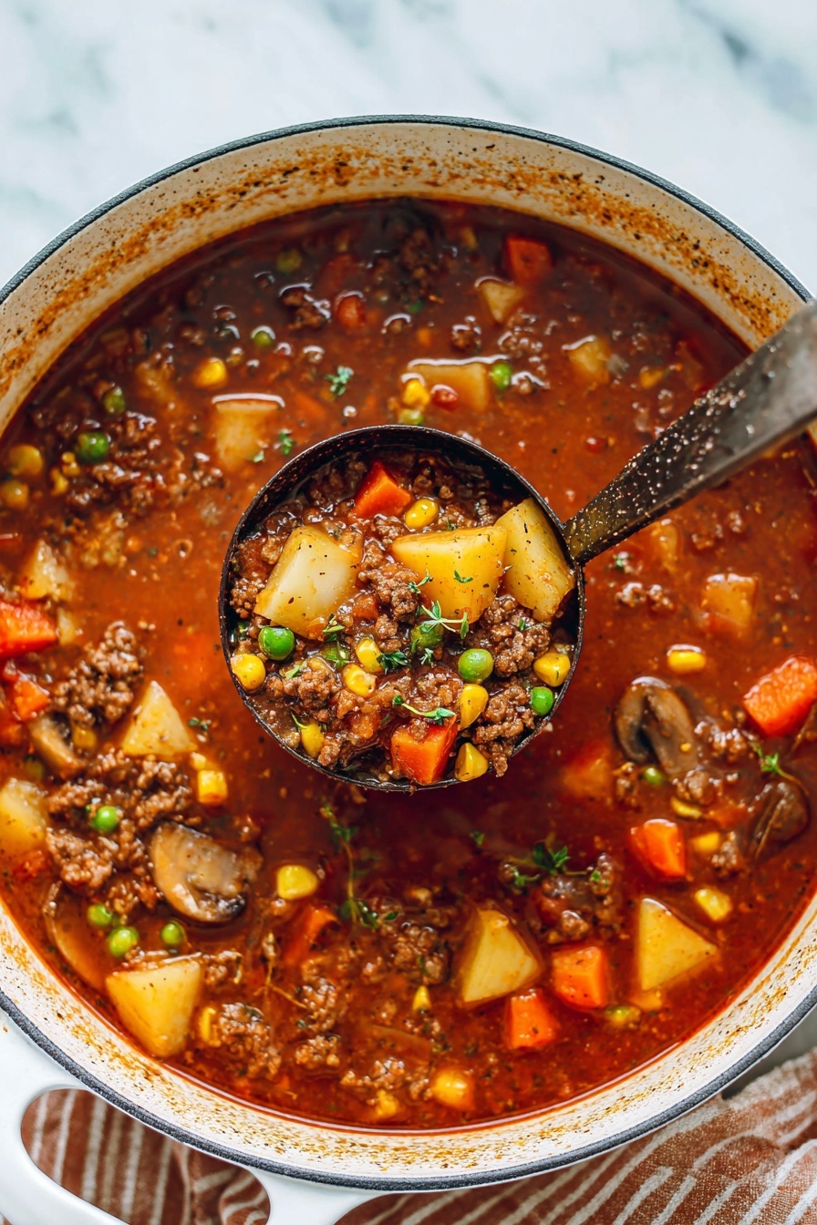 Hearty Ground Beef Hobo Stew, hearty beef stew, easy beef vegetable stew, comforting ground beef recipes, filling family dinner ideas - A white pot filled with thick soup made of multiple layers including brown minced meat pieces, orange carrot chunks, yellow potato cubes, green peas, yellow corn kernels, and dark brown sliced mushrooms, all mixed in a rich reddish-brown broth. A dark old metal ladle is in the pot holding a mix of the soup layers, showing the chunky texture of the vegetables and meat with some green herb pieces on top. The soup has bits of seasoning sprinkled on the pot’s inner side near the rim. The pot is on a white marbled surface with a glimpse of a brown-striped cloth beside it. photo taken with an iphone --ar 2:3 --v 7
