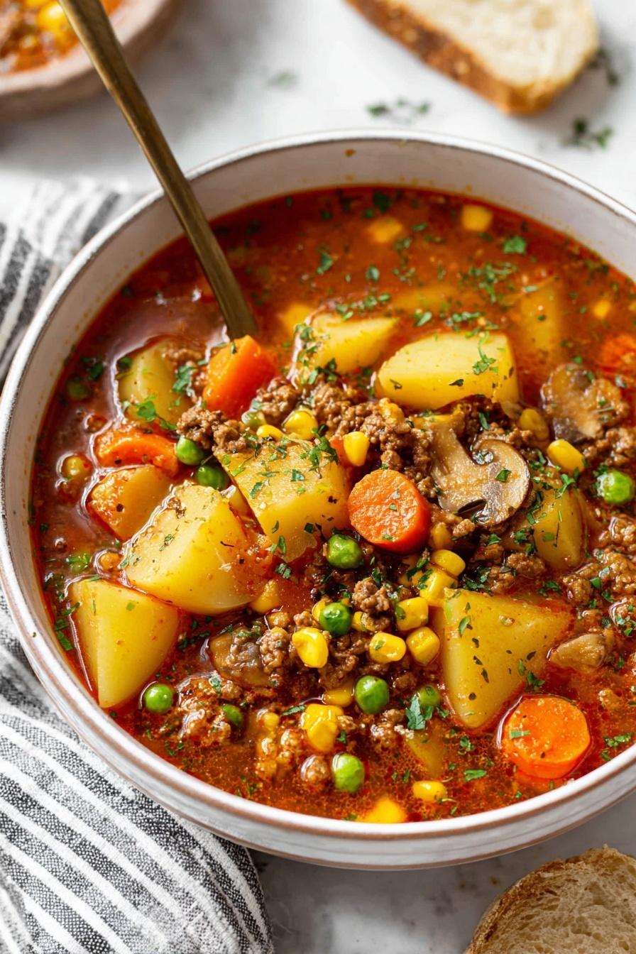 Hearty Ground Beef Hobo Stew, hearty beef stew, easy beef vegetable stew, comforting ground beef recipes, filling family dinner ideas - The image shows a white bowl filled with a rich, colorful soup. The soup has several layers with large chunks of light yellow potatoes, bright orange carrots, yellow corn, green peas, and pieces of brown mushrooms mixed with ground meat in a reddish broth. Fresh green herbs are sprinkled on top. A golden spoon is partially submerged in the soup on the right side of the bowl. The bowl sits on a white marbled surface with a striped cloth nearby and a small piece of light bread in the corner. Photo taken with an iphone --ar 2:3 --v 7