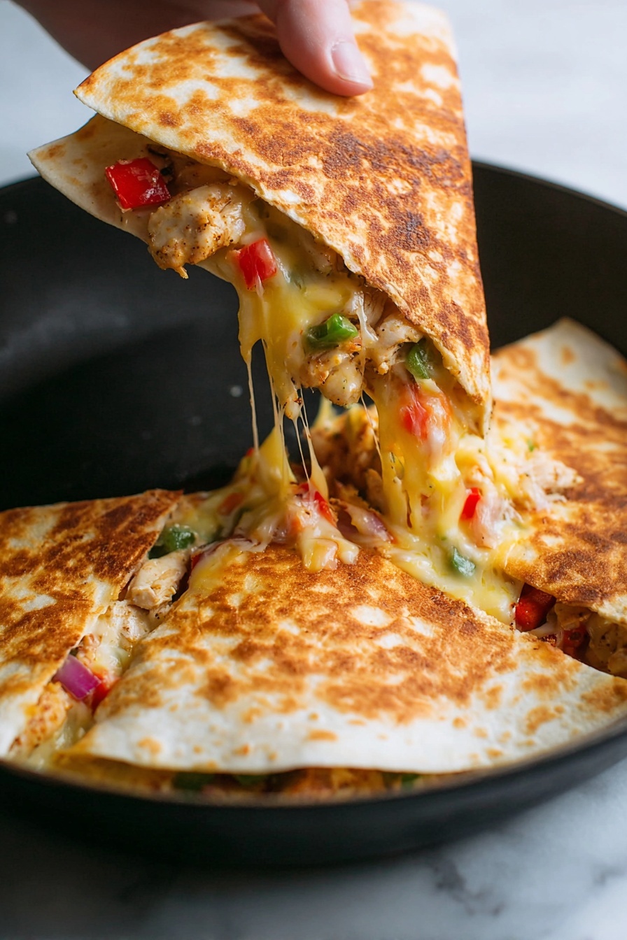 Chicken and Cheese Quesadillas, easy chicken quesadilla recipe, cheesy chicken quesadillas, quick chicken quesadillas, best chicken quesadillas - The image shows a close-up of a stack of four golden-browned quesadilla triangles, layered one on top of another on a white plate with a white marbled surface. Each quesadilla triangle has a crispy outer tortilla with visible toasty spots and a thick filling inside. The filling contains chunks of cooked chicken with a light brown color, melted yellowish-orange cheese that looks creamy and stringy, and small pieces of red and green bell peppers adding bright color contrast. On the side of the plate, there is some fresh green cilantro and a small white bowl of red salsa with visible tomato and herb bits. Photo taken with an iphone --ar 2:3 --v 7