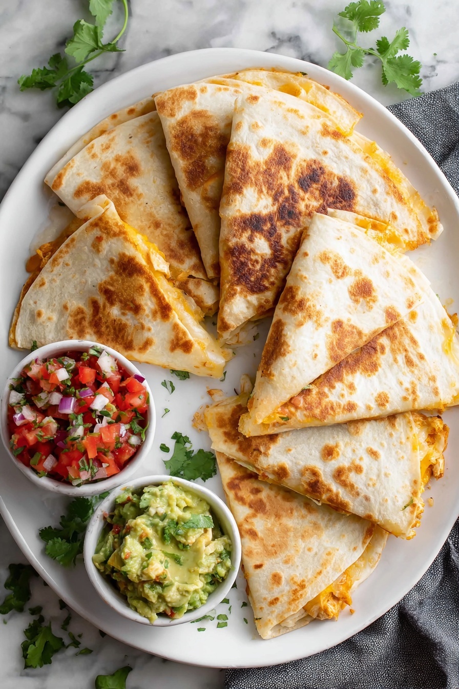 Chicken and Cheese Quesadillas, easy chicken quesadilla recipe, cheesy chicken quesadillas, quick chicken quesadillas, best chicken quesadillas - A close-up view of a folded, golden-browned tortilla held by a woman's hand, revealing the inside with melted yellow and white cheese stretching in thin strands. Inside the tortilla, there are small chunks of lightly browned chicken, diced red and green bell peppers, and bits of red onion, all mixed together and coated with cheese. The tortilla sits inside a black pan on a white marbled surface. photo taken with an iphone --ar 2:3 --v 7