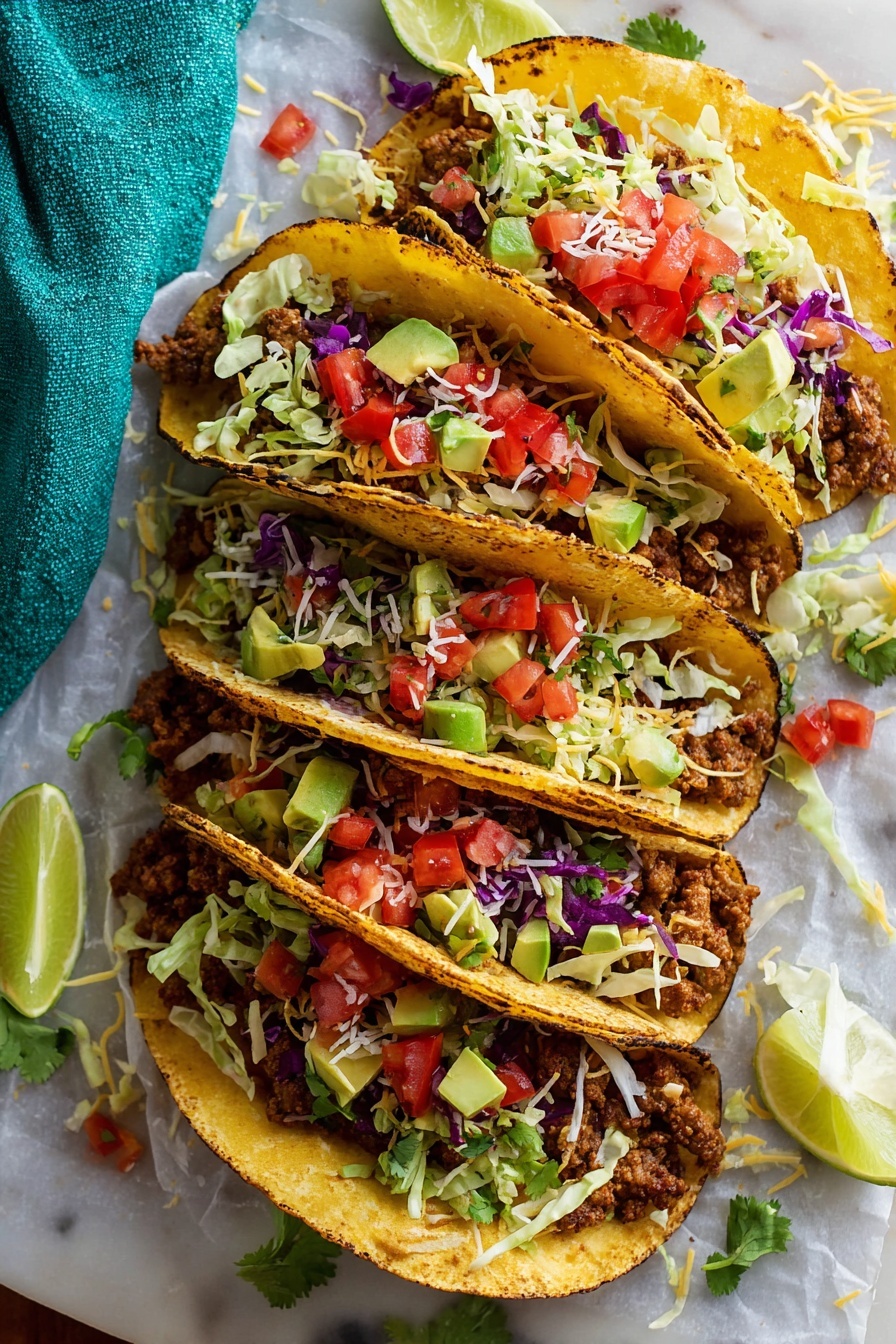 Vegan Tofu Tacos with Spicy Seasoning, vegan tofu tacos, spicy tofu taco recipe, plant-based tacos, vegan taco dinner - Four tacos are laid out on parchment paper on a wooden board with a white marbled background. Each taco has a charred yellow corn tortilla folded around several layers: a base of green and purple shredded cabbage, a layer of crumbled cooked ground meat, sprinkled shredded white and yellow cheese, chopped bright red tomatoes, diced green avocado pieces, and small green cilantro leaves on top. Three lime wedges sit on the side of the board next to the tacos. To the right, a small stack of plain tortilla wraps rests on the wooden board. A teal cloth is partially visible on the left side of the image. Photo taken with an iphone --ar 2:3 --v 7