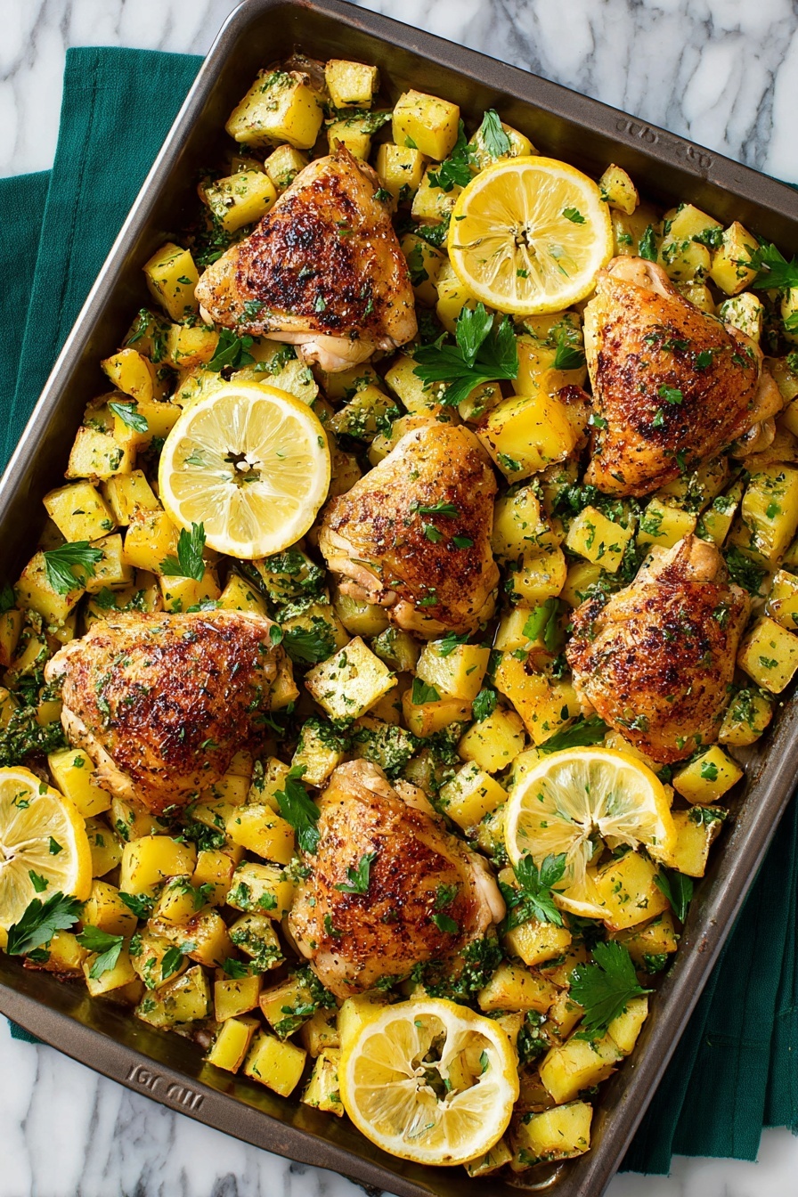 Lemon Herb Baked Chicken and Potatoes, healthy baked chicken and potatoes, easy lemon herb chicken and potatoes, one-pan chicken and potatoes, flavorful baked chicken recipes - A roasting pan filled with five pieces of golden-brown roasted chicken thighs arranged evenly on top of a layer of small, cubed yellow potatoes seasoned with herbs. Bright green parsley leaves are scattered throughout the potatoes, adding fresh color. Thin lemon wedges are placed between the chicken pieces, adding vibrant yellow accents. The pan sits on a green cloth over a white marbled surface. The chicken skin looks crisp and slightly blackened with spices. photo taken with an iphone --ar 2:3 --v 7