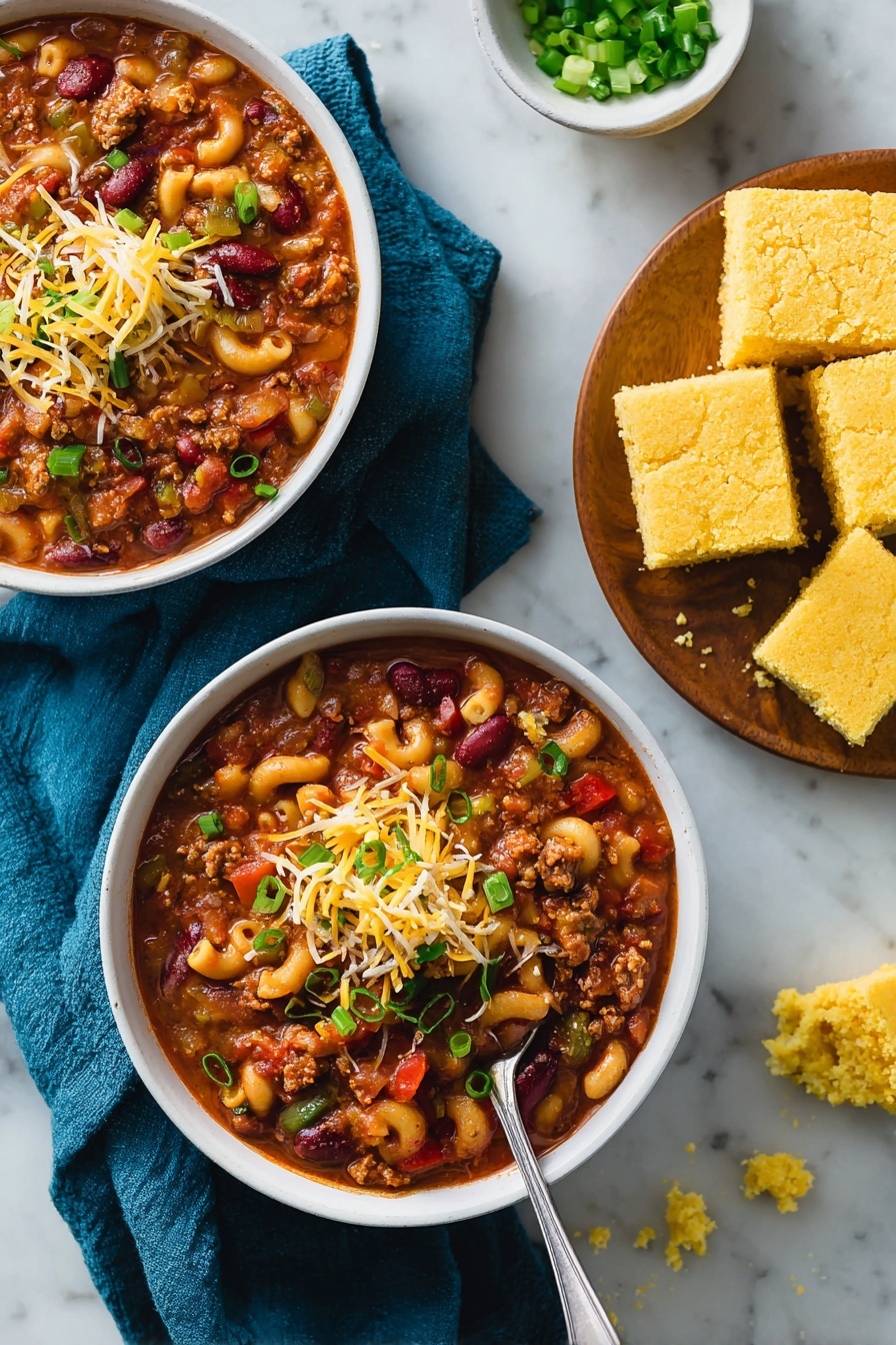 Chili Mac with Ground Beef and Cheddar, hearty chili mac recipe, easy beef pasta dinner, comforting ground beef casserole, cheesy chili mac dish - A close-up view of a skillet filled with a rich macaroni chili dish showing three main layers: the base layer is a thick, reddish-brown chili sauce mixed with browned ground meat and diced tomatoes, the middle layer has medium-sized elbow macaroni evenly distributed, and the top layer is sprinkled with shredded yellow and white cheese and chopped bright green scallions. A wooden spoon is partly lifted from the skillet, scooping up the hearty mixture. The skillet sits on a white marbled surface. Photo taken with an iphone --ar 2:3 --v 7