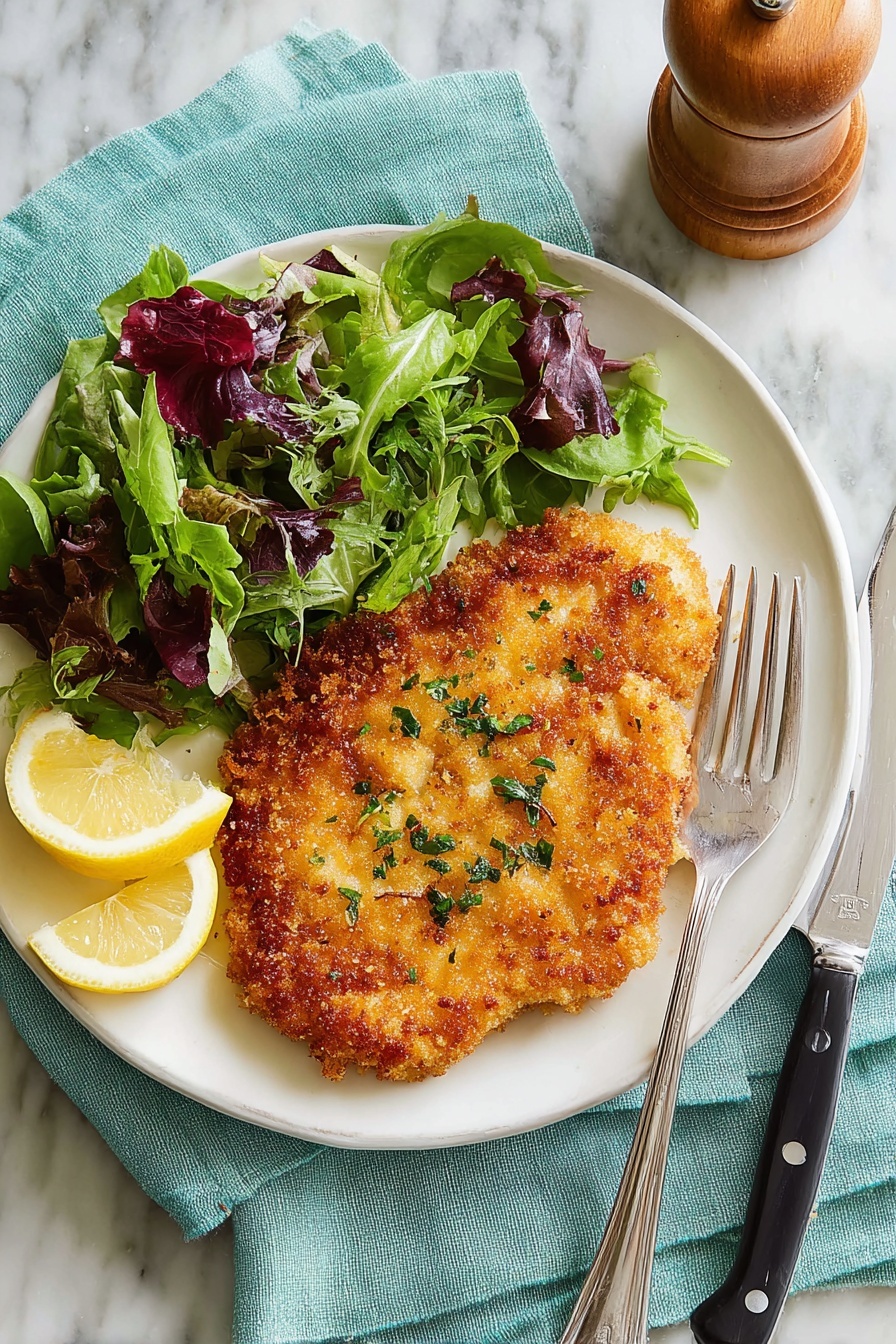 Crispy Chicken Schnitzel, crispy chicken schnitzel, golden chicken schnitzel, easy chicken schnitzel, best schnitzel recipe - A white round plate holds a crispy, golden-brown breaded cutlet sprinkled with small green herb bits on the right side. On the left side of the plate is a fresh salad made of mixed leafy greens in shades of bright green and purple-red. Two lemon wedges with bright yellow skin sit near the salad’s bottom edge. A fork and knife with black and silver handles lie next to the cutlet on the right edge of the plate. The plate rests on a light teal cloth on a white marbled surface, with a wooden pepper grinder partially visible at the top left corner. Photo taken with an iphone --ar 2:3 --v 7