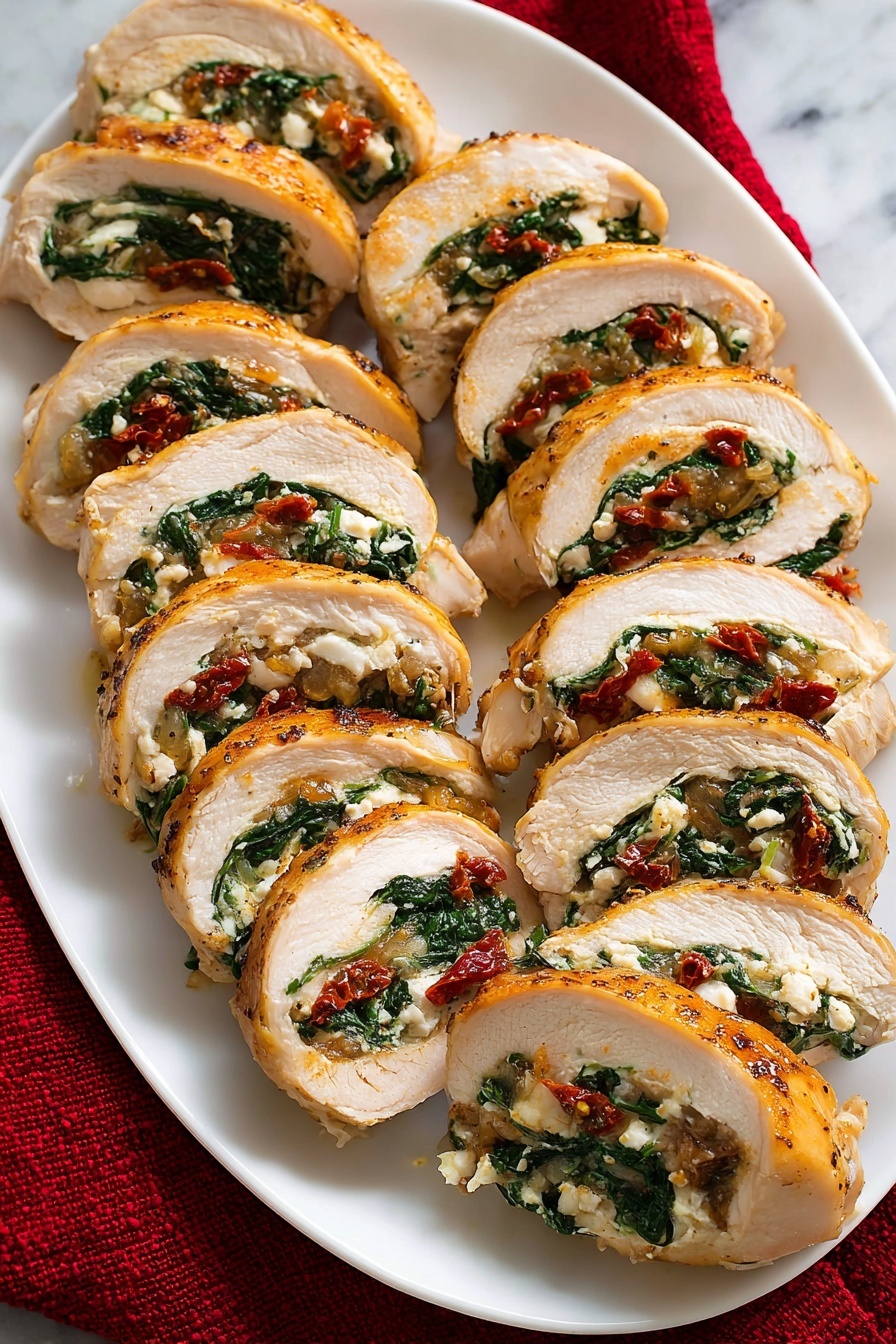 Stuffed Chicken Breast with Feta and Sun Dried Tomatoes, Chicken Breast Filling with Feta and Sun Dried Tomatoes, Easy Stuffed Chicken Recipes, Gourmet Chicken Dinner Ideas, Juicy Chicken Breast Stuffed with Feta - On a white plate with circular ridges, there is a stuffed chicken breast cut in half showing three layers inside: a layer of white cheese mixed with green spinach and small red pieces, wrapped in a light golden cooked chicken meat. Next to the chicken, there is a portion of small, pale yellow orzo pasta mixed with chopped green herbs. At the top of the plate, there is a fresh green salad with different leafy textures and colors, including spinach and other leafy greens with some deep purple-red leaves mixed in. The plate rests on a white marbled surface with a silver fork placed to the right. Photo taken with an iphone --ar 2:3 --v 7