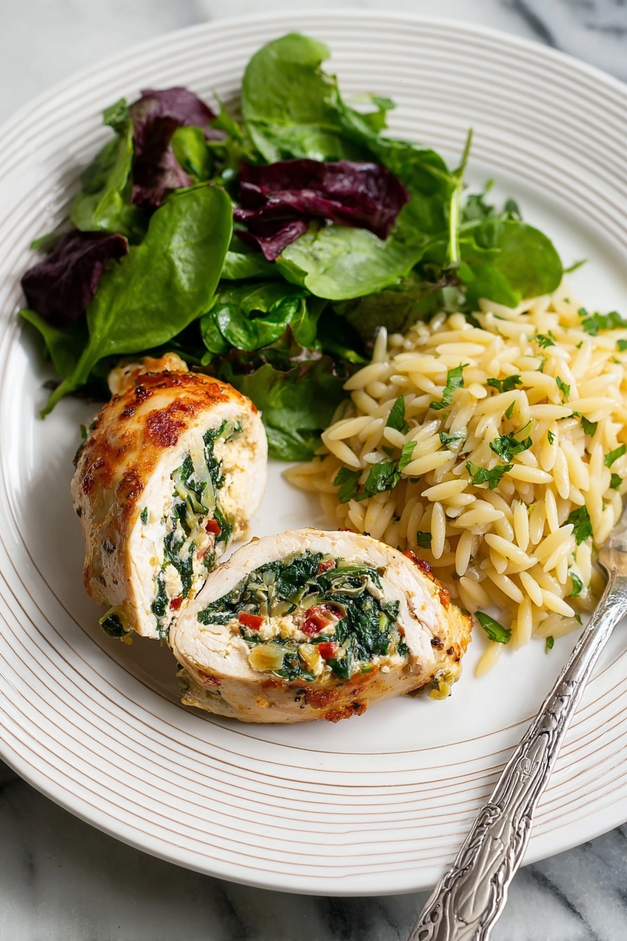 Stuffed Chicken Breast with Feta and Sun Dried Tomatoes, Chicken Breast Filling with Feta and Sun Dried Tomatoes, Easy Stuffed Chicken Recipes, Gourmet Chicken Dinner Ideas, Juicy Chicken Breast Stuffed with Feta - The image shows a white oval plate with four golden-brown stuffed chicken fillets arranged in two rows. Each fillet has a crispy outer layer and is filled with green spinach leaves and small red bits of sun-dried tomatoes. The fillets sit on a bed of fresh mixed leafy greens, including bright green and deep purple leaves, that cover the left side and bottom of the plate. The plate is placed on a smooth white marbled surface with a red cloth seen in the top left corner of the image. Photo taken with an iphone --ar 2:3 --v 7