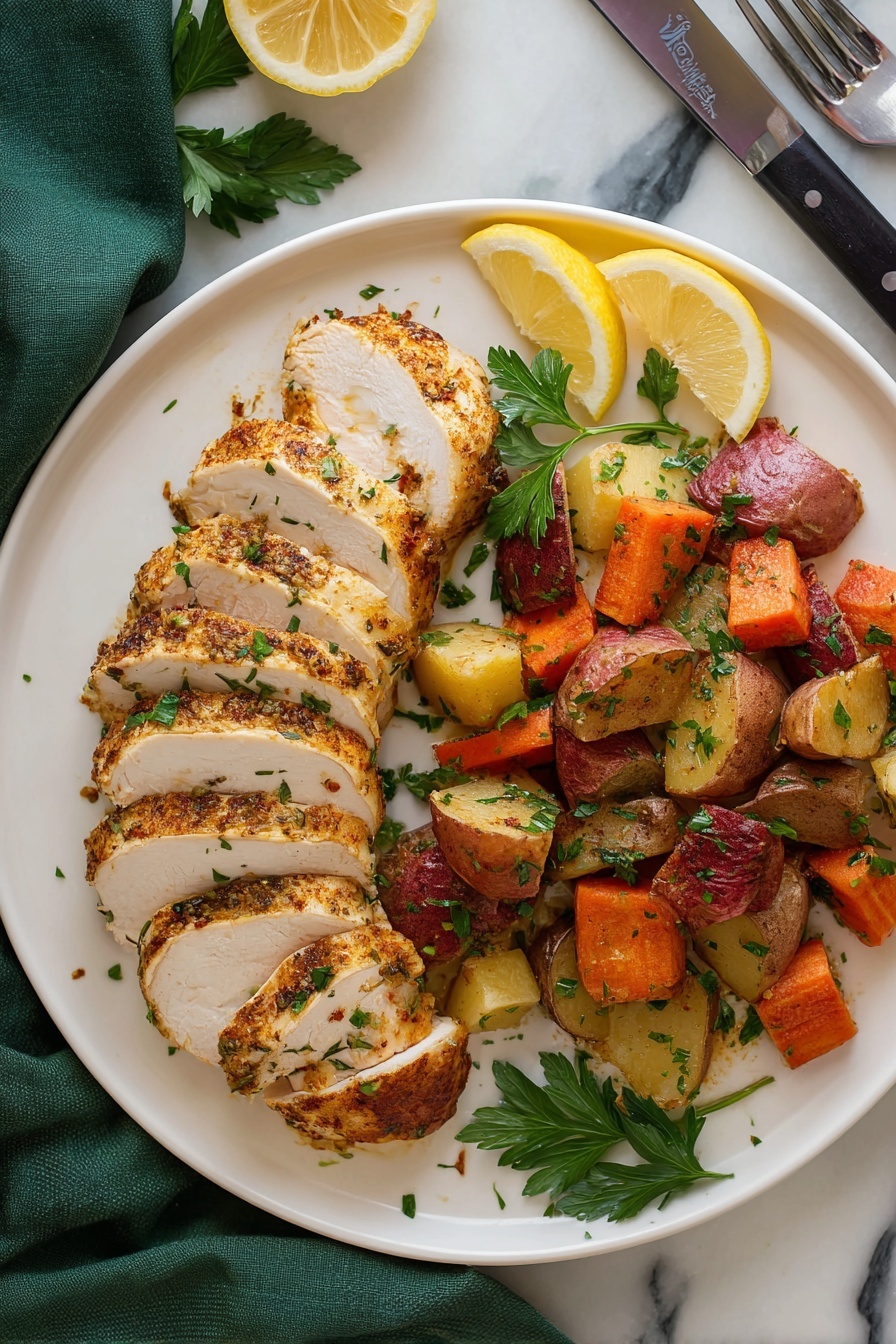Perfectly Roasted Spatchcock Chicken, spatchcock chicken, roasting chicken, easy roast chicken, juicy chicken recipes - A white plate holds several slices of cooked chicken arranged in a fan shape on the left side, with a golden-brown seasoned crust and white, tender interior. Next to the chicken, on the right side of the plate, are chunks of roasted red potatoes, orange carrot slices, and browned pieces of another root vegetable, all sprinkled with chopped green herbs. Two lemon wedges are placed near the middle, slightly overlapping some vegetables. Fresh green parsley leaves garnish the right edge of the plate. The plate sits on a white marbled surface with a green cloth napkin tucked under its left edge, and part of a fork and a black-handled knife are visible nearby. Photo taken with an iphone --ar 2:3 --v 7