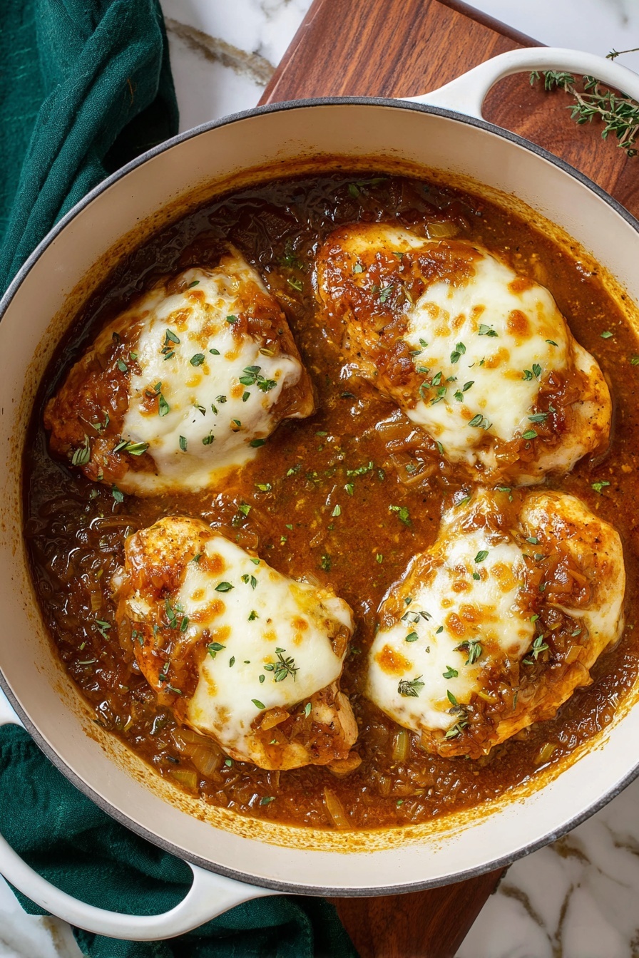 French Onion Chicken Bake, French Onion Chicken, Chicken Bake with Caramelized Onions, Easy French Onion Chicken, Comfort Food Chicken Bake - A white pot holds four cooked chicken pieces, each topped with a melted white cheese layer that is smooth and slightly bubbly, sitting in a thick, brown onion sauce with visible bits of cooked onions throughout. The chicken has a light golden brown color around the edges, and the sauce surrounds and partially covers each piece. Small green herb leaves are sprinkled evenly on top for color. The pot rests on a white marbled surface with a wooden board and dark green cloth partially visible beneath it. photo taken with an iphone --ar 2:3 --v 7