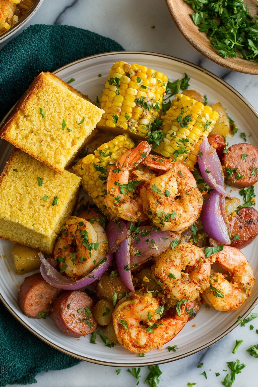Shrimp Boil Old Bay Corn, Shrimp Boil with Old Bay and Corn, Coastal Shrimp Boil Recipe, Easy Shrimp Boil for Summer, Seafood and Corn Boil - The dish is shown on a white plate with a thin gray rim, placed on a white marbled surface with a dark green cloth nearby. It contains several layers: a large piece of golden corn bread with a slightly crumbly texture on the left side; next to it are bright yellow corn pieces with small green herb sprinkles; orange shrimp with a light seasoning are spread across the plate; chunks of brown sausage and small light brown potato pieces sit among slices of soft purple-red onion. Fresh green parsley leaves garnish the top right side of the plate, adding a fresh look. All ingredients have a light dusting of herbs and spices, creating a colorful, inviting meal. photo taken with an iphone --ar 2:3 --v 7