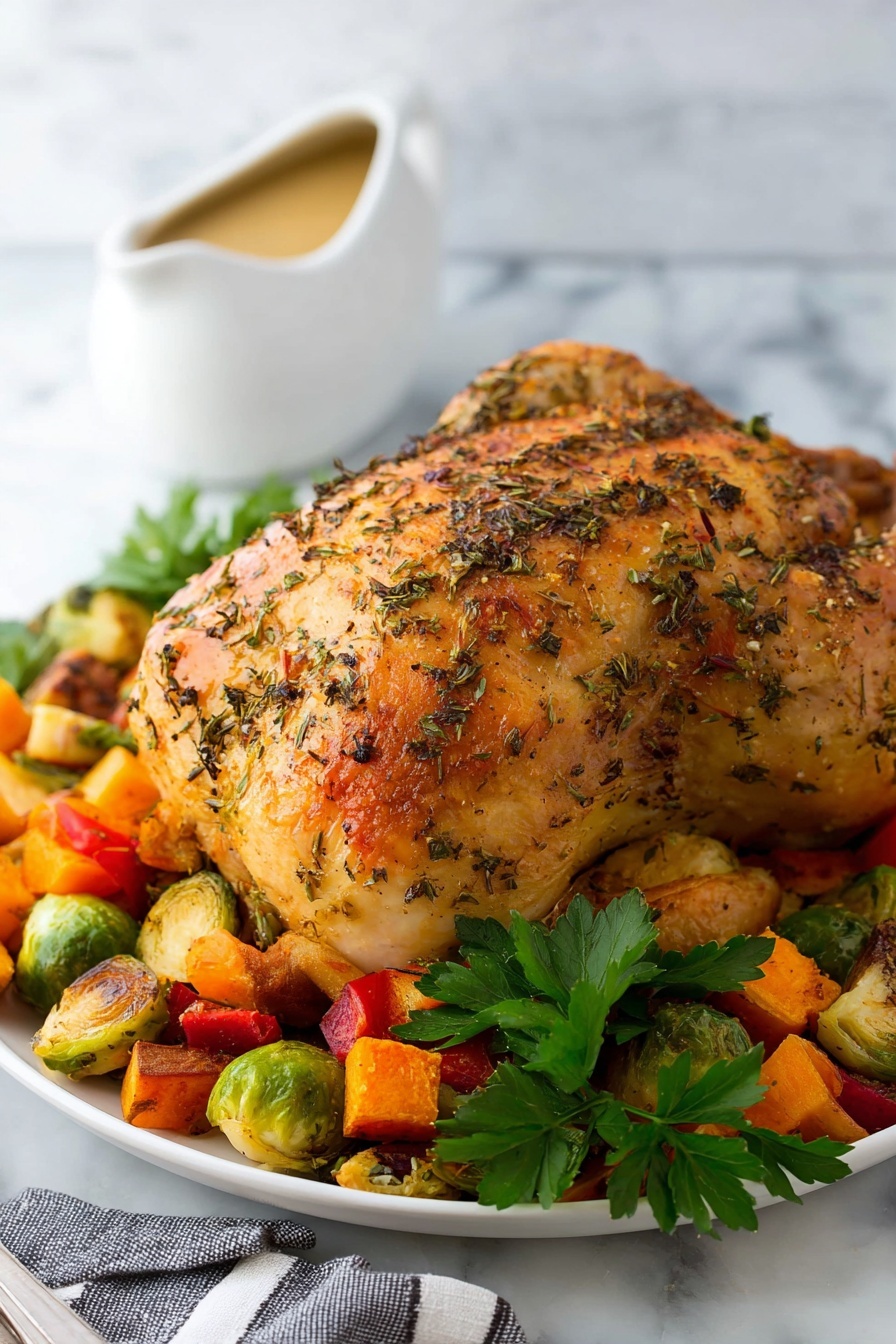 Juicy Roast Turkey Breast with Herb Butter, turkey breast with herb butter, moist turkey breast recipe, holiday turkey dinner, easy turkey breast roast - A whole roasted chicken with a golden brown, crispy skin covered in herbs sits in the center of a round white plate. Below the chicken is a colorful mix of roasted vegetables, including green Brussels sprouts, bright orange sweet potatoes, and chunks of red bell pepper, all showing a slight shine and roasted texture. Fresh green parsley sprigs are placed at the back right side of the chicken adding a touch of freshness. In the background, a white gravy boat with light brown gravy is slightly blurred. The scene is set on a white marbled surface with a gray and white striped cloth and a silver knife partially visible in the lower right corner. Photo taken with an iphone --ar 2:3 --v 7