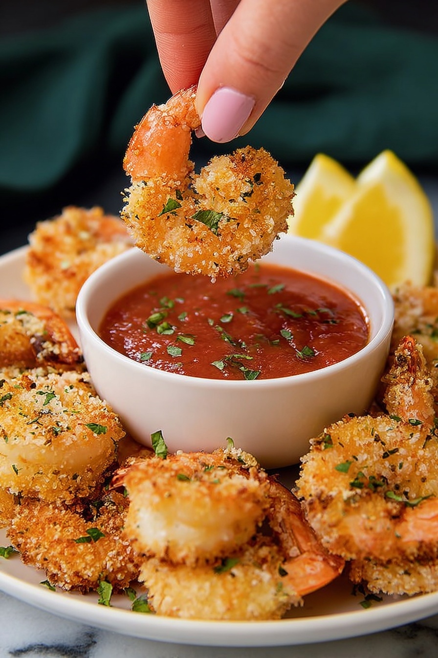 Crispy Panko Shrimp with Cocktail Sauce, shrimp appetizer, crispy shrimp recipe, homemade cocktail sauce, quick seafood dishes - A white plate filled with a layer of crispy, golden-brown breaded shrimp, each coated in a crumbly texture and sprinkled lightly with green herbs, arranged in a circular pattern. Several lemon wedges, bright yellow with a juicy texture, are placed on the plate's edges, adding fresh color contrast. On the top right of the plate, a small white bowl holds smooth, rich red dipping sauce with a shrimp partly dipped inside. The plate is on a white marbled surface with green cloth partially visible in the background. Photo taken with an iphone --ar 2:3 --v 7