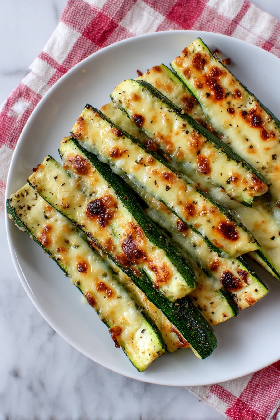 Garlic Lemon Parmesan Roasted Zucchini, roasted zucchini with garlic and lemon, easy vegetable side dish, healthy zucchini recipes, flavorful zucchini sides - The image shows a white plate filled with grilled zucchini sticks arranged in a pile. Each zucchini stick is cut lengthwise with its green skin visible on the edges and is covered with melted, lightly browned cheese on top, giving a slightly crispy texture. The cheese has golden spots, showing it is grilled just right. The zucchini sticks have a soft, tender inside with some black pepper sprinkled. The plate rests on a white marbled surface with a bit of red and white checkered cloth visible under the plate. photo taken with an iphone --ar 2:3 --v 7