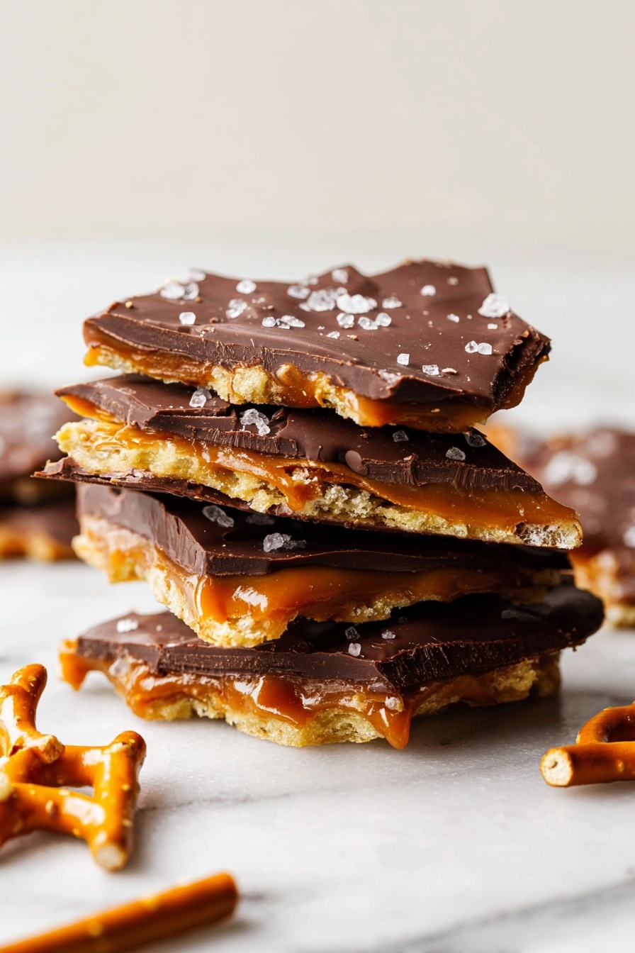 Chocolate Pretzel Crack Topper, salty sweet snack, easy holiday treats, crunchy chocolate desserts, no-bake dessert recipes - A small stack of four uneven pieces of chocolate-covered pretzel brittle rests on a white marbled surface. Each piece shows a thick, dark brown chocolate layer on top with light texture and small salt flakes sprinkled across. Below the chocolate, there is a rough, golden caramel layer. The bottom layer consists of light yellow pretzel pieces with a crunchy texture and some visible salt crystals. A few broken pretzel sticks and crumbs lie scattered around the stack. The image has a close-up view with soft lighting focusing on the texture and layers. photo taken with an iphone --ar 2:3 --v 7