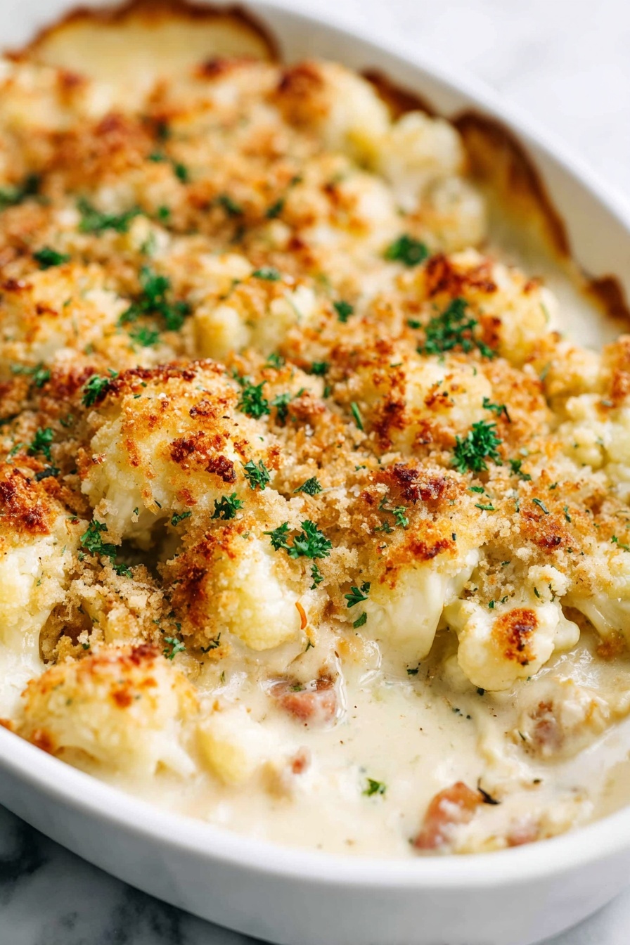 Creamy Cauliflower Bacon Gratin, cheesy cauliflower side dish, bacon and cauliflower casserole, easy cheesy gratin recipe, comfort food cauliflower - The dish is a close-up of a baked casserole in a white oval dish, showing at least two main layers. The bottom layer is creamy and pale white, with soft pieces of cauliflower mixed with bits of lightly browned bacon or ham. The top layer is a golden-brown breadcrumb crust, crispy and evenly spread, with some toasted spots. Small green parsley leaves are scattered on top for color. The edges of the dish are slightly browned from baking. The background is a white marbled surface. photo taken with an iphone --ar 2:3 --v 7