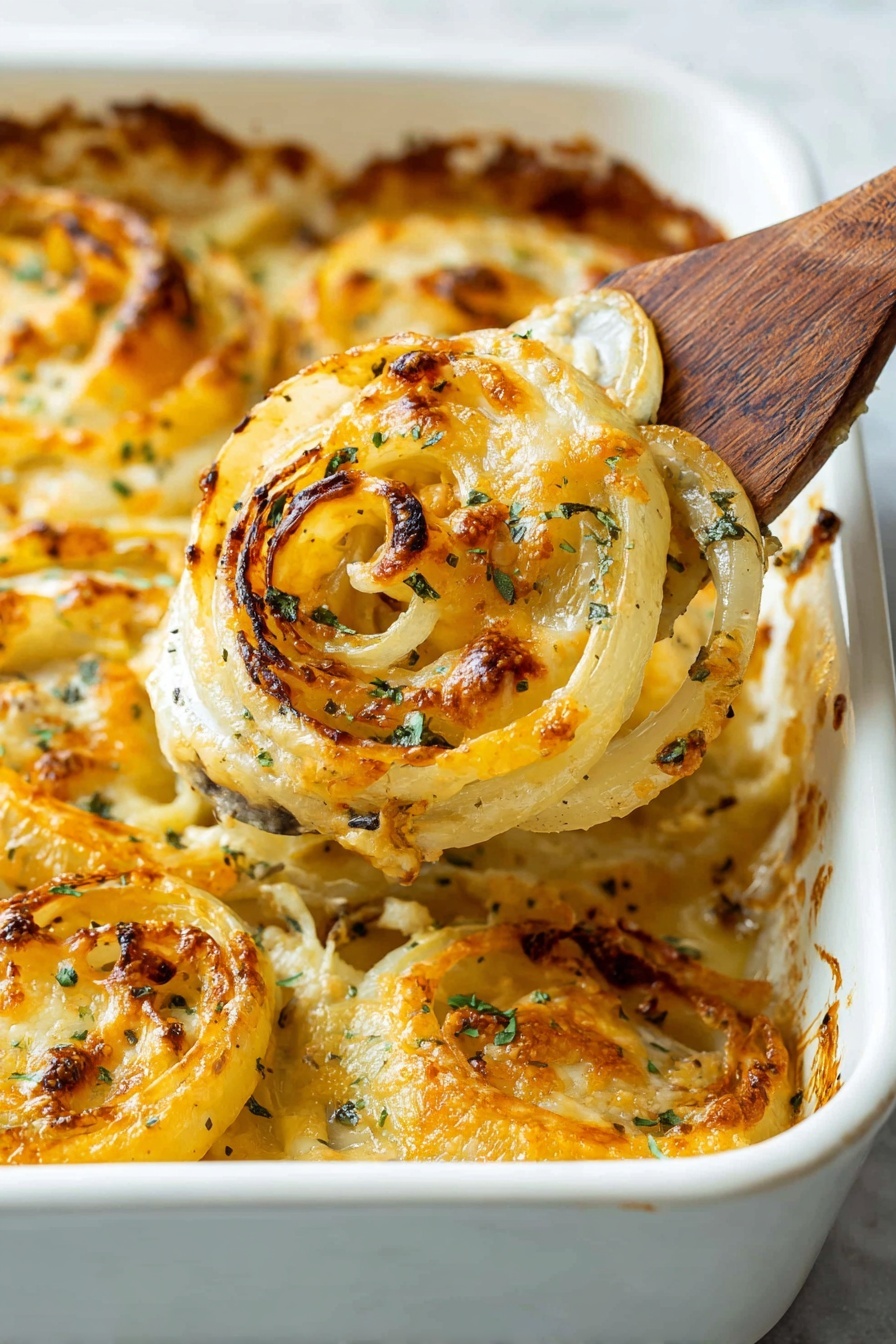 Cheesy Baked Onions, baked onion side dish, cheesy onion recipe, caramelized onion cheese bake, easy onion side dish - A close-up view of baked onion rings layered in a white baking dish, showing about three thick rings on a wooden spatula lifting from the dish. The onion rings are light yellow with some browned, crisped edges and melted golden cheese on top, sprinkled with small green herbs. The cheese texture looks bubbly and slightly browned in spots. The background is a white marbled texture with soft natural light highlighting the moist and cooked layers of onions and cheese photo taken with an iphone --ar 2:3 --v 7