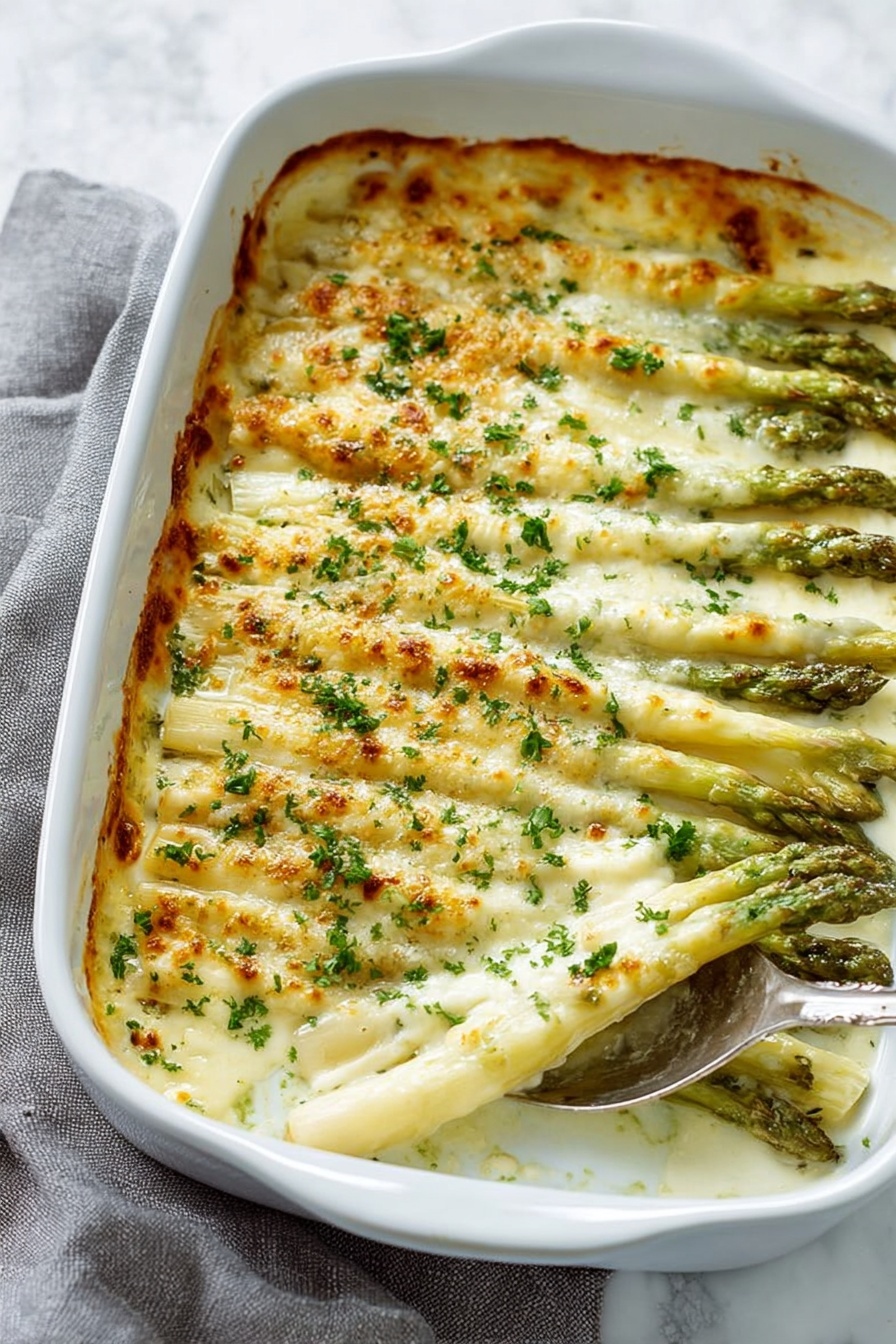 Cheesy Baked Asparagus, baked asparagus with cheese, easy asparagus side dish, healthy cheesy asparagus, simple asparagus recipes - The dish shows a baking dish filled with green asparagus spears covered in a creamy white cheese sauce, sprinkled with light golden brown toasted cheese and bits of herbs on top. The asparagus is laid in two layers, the bottom layer is fully covered in the sauce and cheese with some spears visible, and the top layer is more visible with sauce dripping down. A metal spatula is lifting a portion from the dish, showing the thick creamy texture that coats the asparagus evenly. The background is a white marbled texture. Photo taken with an iphone --ar 2:3 --v 7