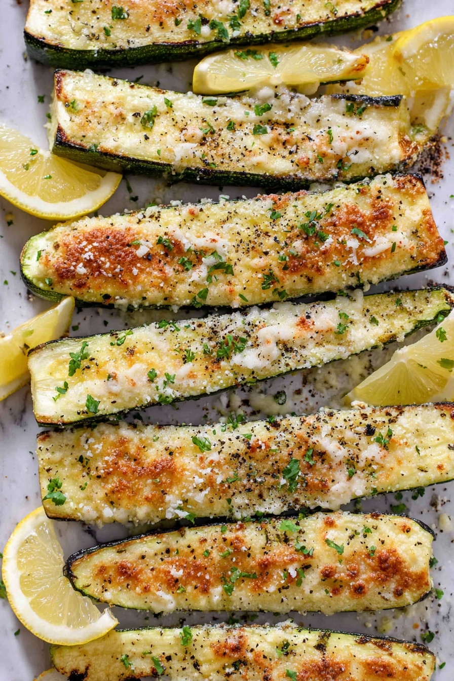 Garlic Parmesan Roasted Zucchini Spears, garlic parmesan zucchini, roasted zucchini side dish, lemon garlic zucchini, easy zucchini recipes - The image shows about ten long zucchini halves arranged in two rows on a white marbled surface. The zucchini pieces are golden brown on top, sprinkled with small white cheese flakes, black pepper, and chopped green herbs. Around the zucchini, there are three lemon wedges with a pale yellow color, placed near the edges. Some parts of the zucchini edges have darker, slightly crispy spots from cooking. The whole scene looks fresh and simple with a focus on the baked zucchini. Photo taken with an iphone --ar 2:3 --v 7