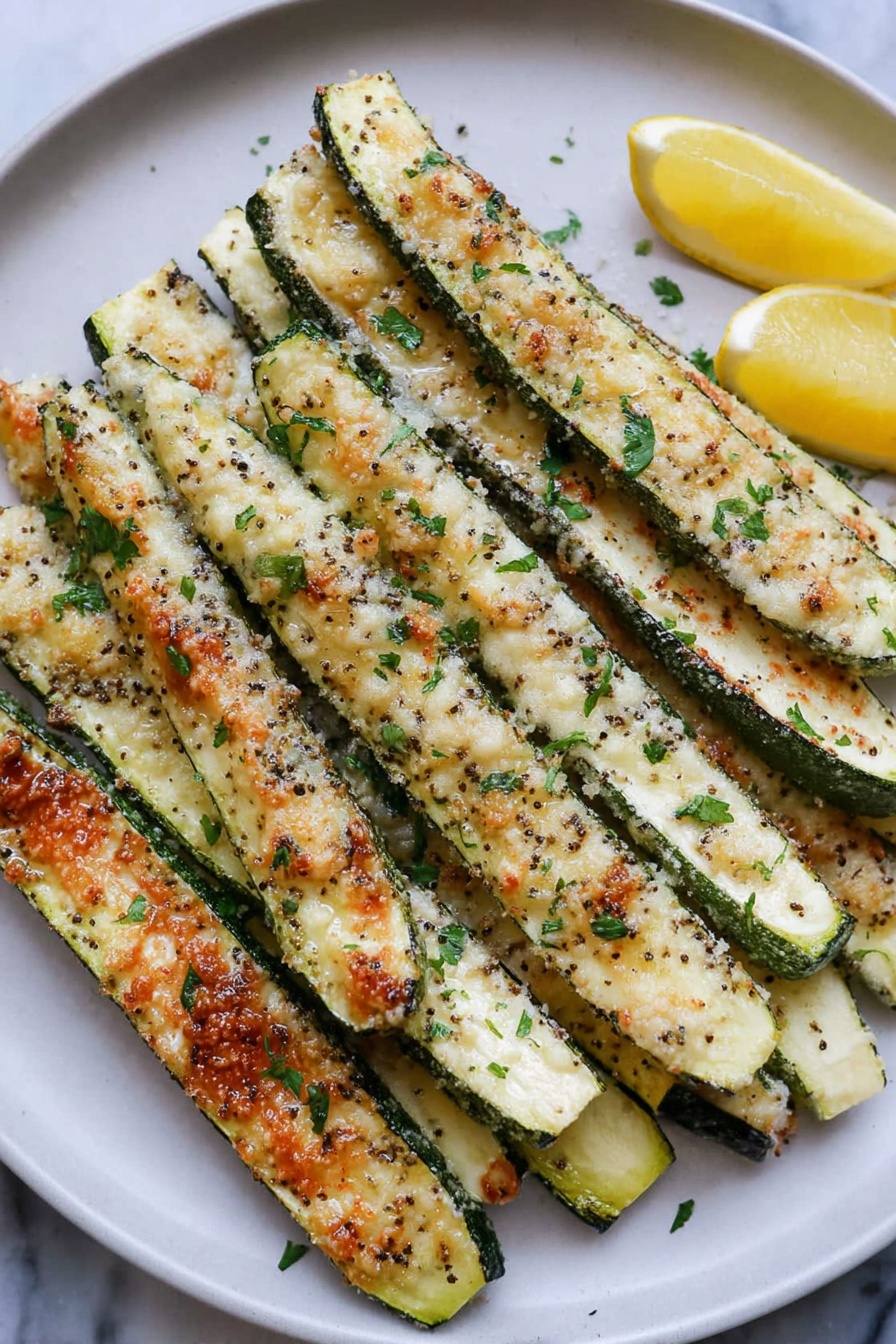 Garlic Parmesan Roasted Zucchini Spears, garlic parmesan zucchini, roasted zucchini side dish, lemon garlic zucchini, easy zucchini recipes - A white plate holds about ten long zucchini strips, each sliced lengthwise and placed in layers overlapping each other. The zucchini is topped with light golden crumbs and sprinkled with herbs, creating a textured, slightly crispy look. The yellow-green color of the zucchini contrasts with the light brown crust on top. Two lemon wedges with a bright yellow rind and pale inner flesh are placed near the edge of the plate, adding color and freshness. The background is a white marbled surface. photo taken with an iphone --ar 2:3 --v 7
