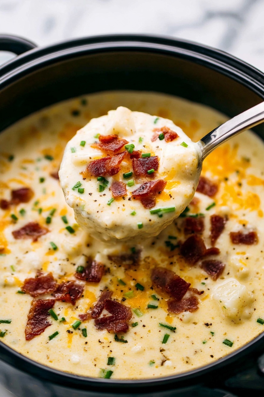Crock Pot Bacon Potato Soup, easy bacon potato soup, creamy slow cooker potato soup, comforting bacon potato chowder, hearty potato and bacon soup - A close-up view of a white speckled bowl filled with creamy, thick mashed potatoes that have a smooth texture with small lumps. The mashed potatoes are topped with bright yellow shredded cheddar cheese, dark brown crispy bacon bits, and chopped green onions scattered evenly. The surface is sprinkled with black pepper, adding tiny black dots across the top. A gold spoon rests on the right side inside the bowl with some mashed potatoes on it. The bowl sits on a white marbled surface with a folded dark green cloth partly visible underneath, and a small wooden bowl filled with green onions is nearby. Photo taken with an iphone --ar 2:3 --v 7