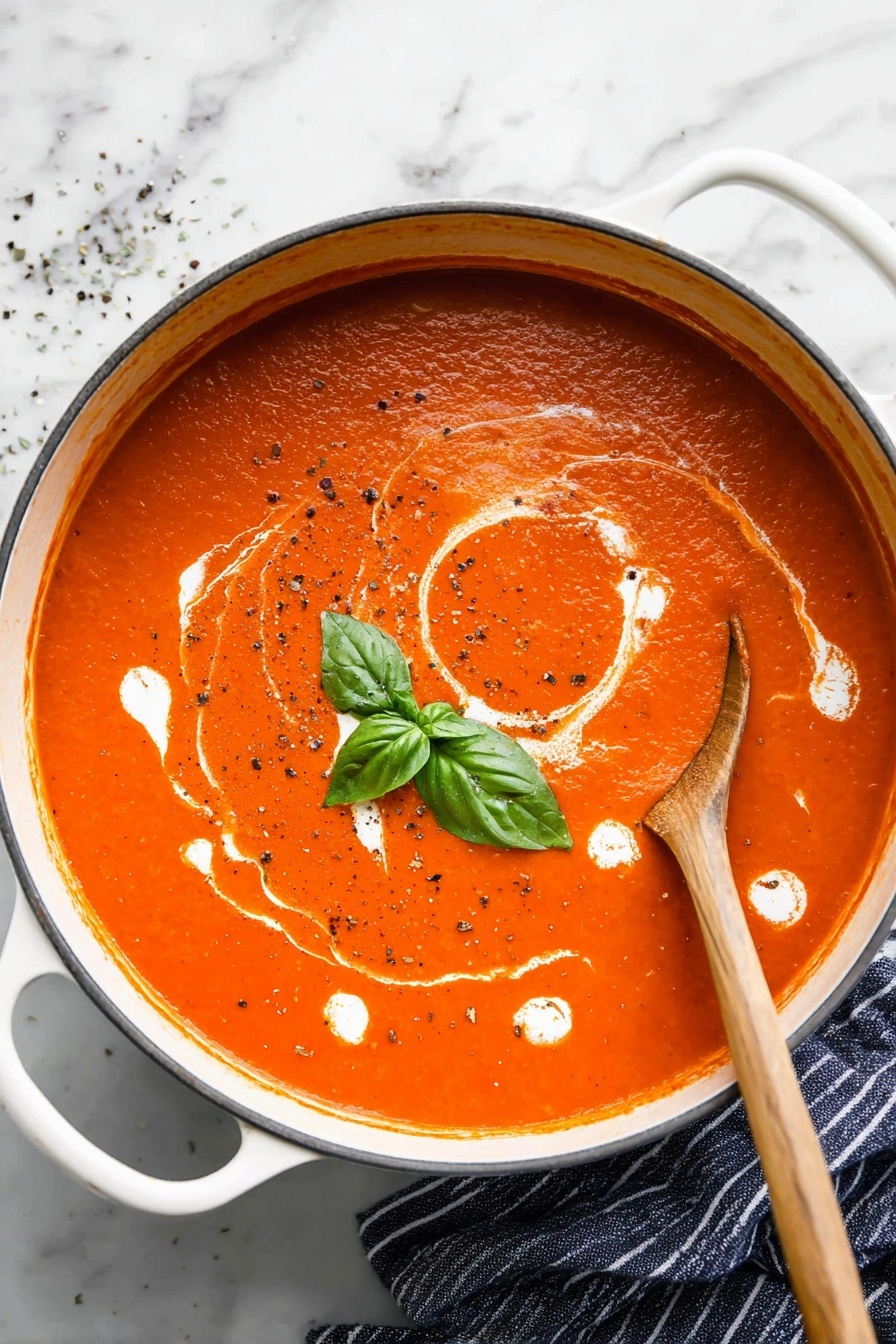 Creamy Tomato Basil Soup, Homemade Tomato Basil Soup, Easy Tomato Soup, Comforting Tomato Soup, Velvety Tomato Basil Soup - A close-up view of a thick, smooth tomato soup with a bright orange-red color filling a large pan. A round metal ladle is lifted above the soup, holding a scoop of the soup topped with a fresh green basil leaf. White cream is drizzled lightly on the surface of the soup in thin, curved lines, and small black specks of pepper are scattered throughout, adding a touch of contrast. The background is a white marbled texture. photo taken with an iphone --ar 2:3 --v 7