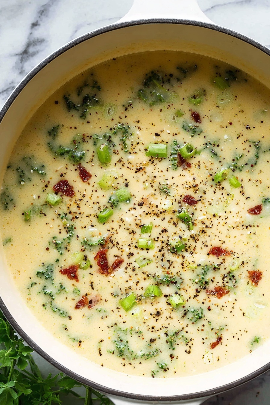 Colcannon Potato and Kale Soup, Irish-inspired soup with potatoes and greens, hearty kale and potato soup, comforting Irish vegetable soup, easy colcannon soup recipe - A close-up of a creamy soup in a white pot showing a smooth, thick pale yellow base. Small pieces of green vegetables like kale and green onions are mixed inside, with reddish-brown bits sprinkled on top. Black pepper is evenly spread across the surface, adding small dark specks. The inside walls of the pot have a light coating of the creamy soup. The scene is set on a white marbled surface with a small green leafy plant partly visible on the side. photo taken with an iphone --ar 2:3 --v 7