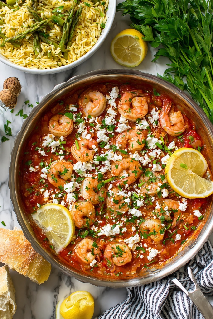 Greek Shrimp with Feta and Tomatoes, Greek shrimp recipe, Mediterranean seafood dish, quick shrimp dinner, feta and tomato shrimp - The dish is served on a white plate with a rustic design, placed on a white marbled surface. The main layer is cooked shrimp in a chunky red tomato sauce, topped with crumbled white cheese and sprinkled with chopped green herbs. Next to it is a layer of yellow orzo pasta mixed with green asparagus pieces. A lemon wedge is placed on the right side of the plate. A silver fork rests on the left side of the plate. In the background, there is another white plate with more shrimp in tomato sauce and some green herbs around. Photo taken with an iphone --ar 2:3 --v 7