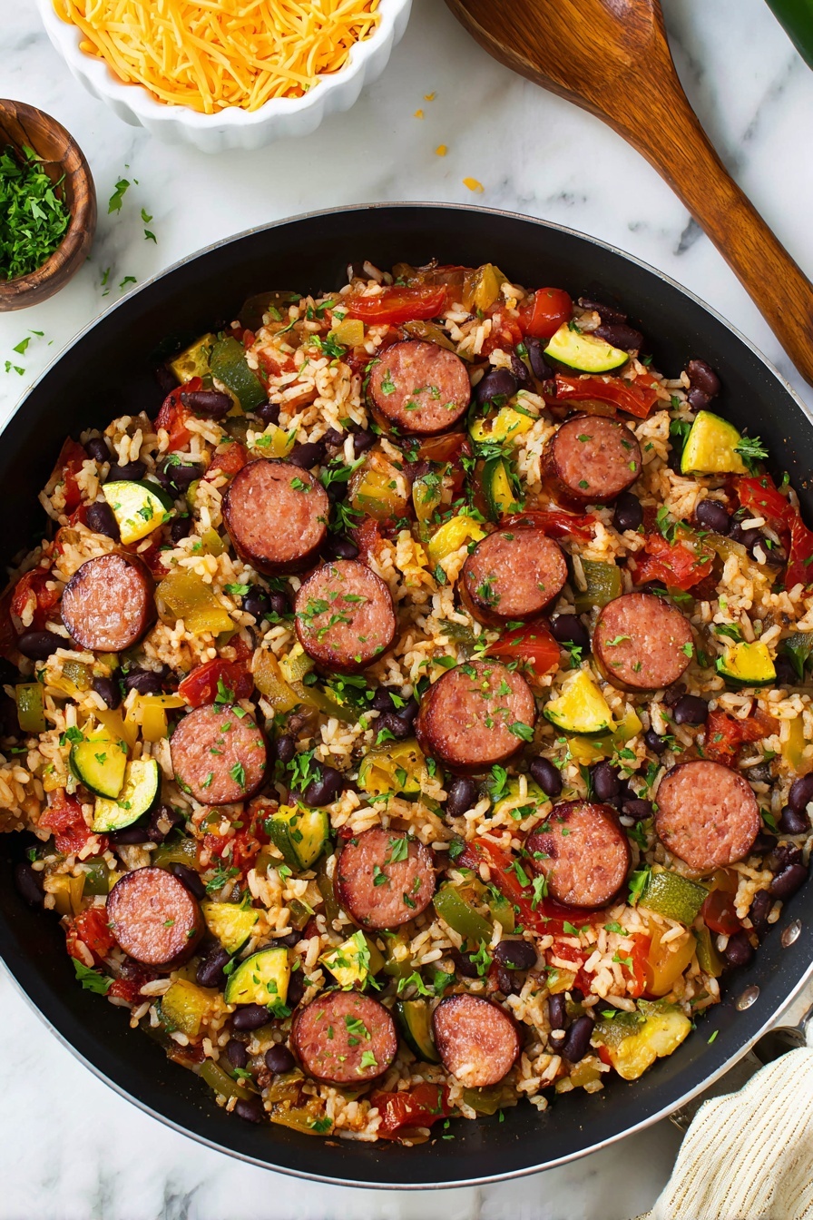 Sausage and Zucchini Skillet, easy sausage and zucchini recipe, one-pan sausage and vegetable dish, quick zucchini skillet, hearty sausage skillet meal - A white plate holds a colorful rice dish mixed with several layers of ingredients. The base layer is orange-tinted rice, scattered with black beans for dark spots. Mixed in are diced green bell peppers, sliced yellow zucchini rounds, and chunks of red tomatoes, adding green, yellow, and red bits throughout. On top are slices of cooked sausage with a pinkish-brown color. The whole dish is sprinkled with finely chopped fresh green herbs. A silver fork lies on the left side resting on the plate. The plate sits on a white marbled surface with some scattered herbs nearby. photo taken with an iphone --ar 2:3 --v 7