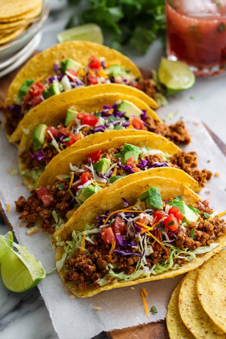 Vegan Tofu Tacos with Spicy Seasoning, vegan tofu tacos, spicy tofu taco recipe, plant-based tacos, vegan taco dinner - Four tacos sit side by side on white parchment over a white marbled surface. Each taco has two layers of soft, grilled yellow corn tortillas folded around a filling. The bottom layer inside each taco is finely shredded green and purple cabbage. Above that is a layer of browned, crumbled seasoned meat. On top, there are diced red tomatoes, chunks of green avocado, some shredded cheese with white and orange colors, and small green cilantro leaves. Lime wedges sit beside the tacos, and a white marbled background is visible with some whole tortillas stacked on the right. A glass with a reddish drink and some green cilantro are blurry in the background. Photo taken with an iphone --ar 2:3 --v 7