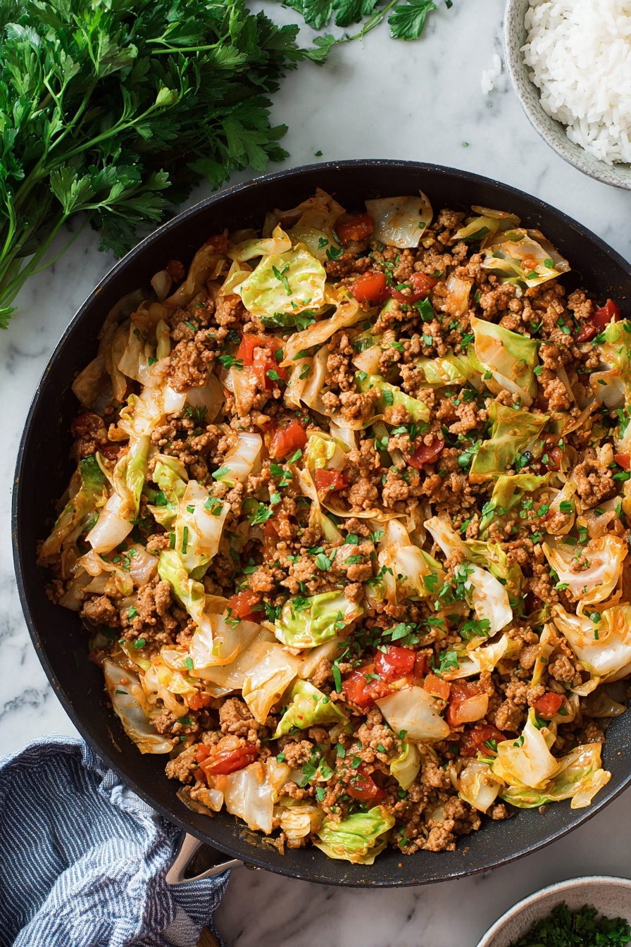 Unstuffed Cabbage Rolls with Ground Beef, cabbage roll skillet, easy stuffed cabbage recipe, one-pan comfort food, savory ground beef cabbage dish - A black pan is filled with a cooked mix of browned ground meat, light green and white cabbage pieces, and small chunks of red tomato, all stirred together with visible fresh chopped green herbs sprinkled on top and mixed throughout. The pan sits on a white marbled surface, with a bowl of white rice nearby on the right side and a bunch of fresh green parsley on the upper left corner. Photo taken with an iphone --ar 2:3 --v 7