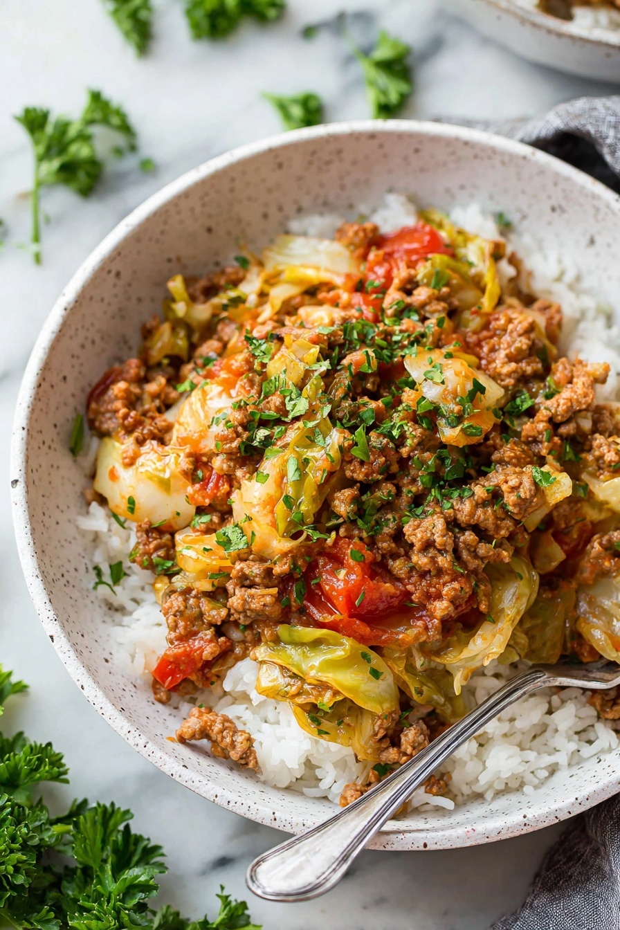 Unstuffed Cabbage Rolls with Ground Beef, cabbage roll skillet, easy stuffed cabbage recipe, one-pan comfort food, savory ground beef cabbage dish - A large black pan filled with a mix of cooked ground meat, light green cabbage pieces, and chunks of red tomatoes, all interspersed with small flecks of chopped green herbs; the mixture looks warm with a slight shine, indicating a light sauce or juices coating the ingredients. The background features a blurred white marbled surface and some green leafy herbs. In the top right corner, there is a white bowl with white rice slightly out of focus. A dark blue cloth is partially visible at the bottom edge. photo taken with an iphone --ar 2:3 --v 7