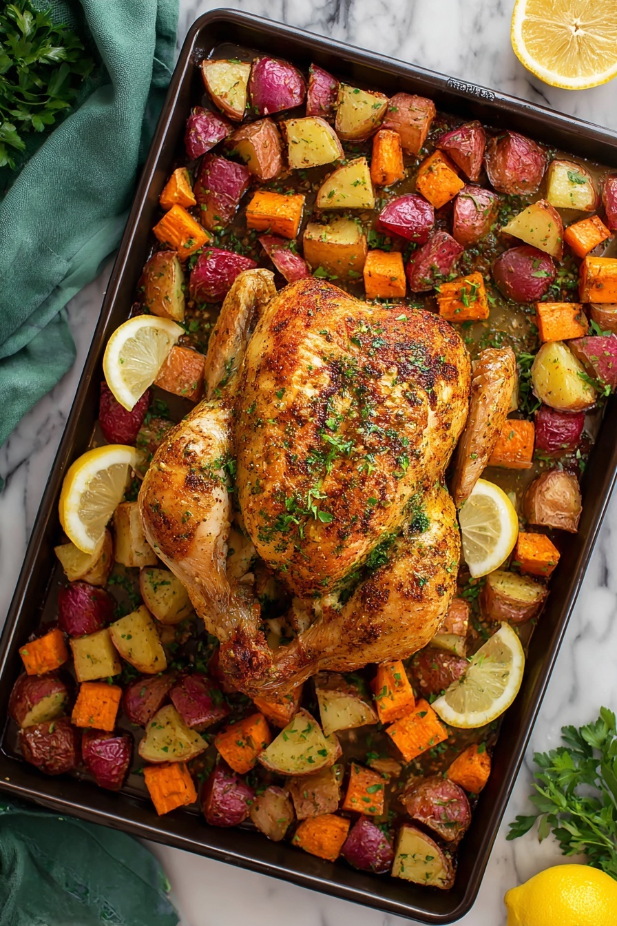 Perfectly Roasted Spatchcock Chicken, spatchcock chicken, roasting chicken, easy roast chicken, juicy chicken recipes - A large white oval plate sits on a white marbled surface, holding a whole roasted chicken split open and laid flat with crispy, golden-brown skin speckled with green chopped herbs. Surrounding the chicken is a colorful mix of roasted potato halves, carrot chunks, and red potato pieces, all browned and sprinkled with the same green herbs. Several lemon wedges are placed around the edges of the plate, adding a bright yellow contrast. Fresh green parsley sprigs lay near the top right corner of the plate, and a dark green cloth is partly visible under the left side of the plate. Photo taken with an iphone --ar 2:3 --v 7