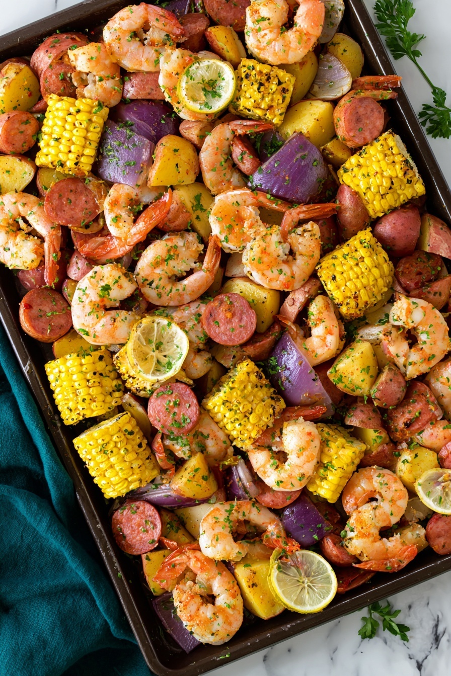Shrimp Boil Old Bay Corn, Shrimp Boil with Old Bay and Corn, Coastal Shrimp Boil Recipe, Easy Shrimp Boil for Summer, Seafood and Corn Boil - The image shows a close-up of a colorful seafood boil with three main layers mixed together. The top layer has bright orange shrimp with a slightly shiny texture, garnished with small green parsley bits. The middle layer contains yellow corn cut into small sections with a soft, bumpy look and a light sprinkle of seasoning. The bottom layer features round pieces of slices of reddish-brown sausage and chunks of purple-red potato with smooth skin, some sprinkled with parsley and paprika. There are also small lemon wedges scattered throughout, adding a splash of yellow and white. The whole dish sits on a white marbled surface. photo taken with an iphone --ar 2:3 --v 7