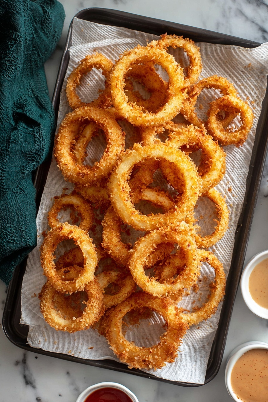 Crispy Baked Onion Rings, baked onion rings recipe, healthy onion rings, crunchy onion rings, homemade onion rings - The image shows a dark baking tray lined with paper towels holding many golden brown onion rings with a crunchy texture and uneven round shapes stacked in multiple layers, some overlapping, with colors ranging from light golden to deeper brown. Around the tray, the surface is white marbled texture and there are small white cups partially visible, one with a thick red sauce near the bottom corner and another with a light brown dipping sauce at the top right corner. A dark green cloth is seen on the left side of the tray. Photo taken with an iphone --ar 2:3 --v 7