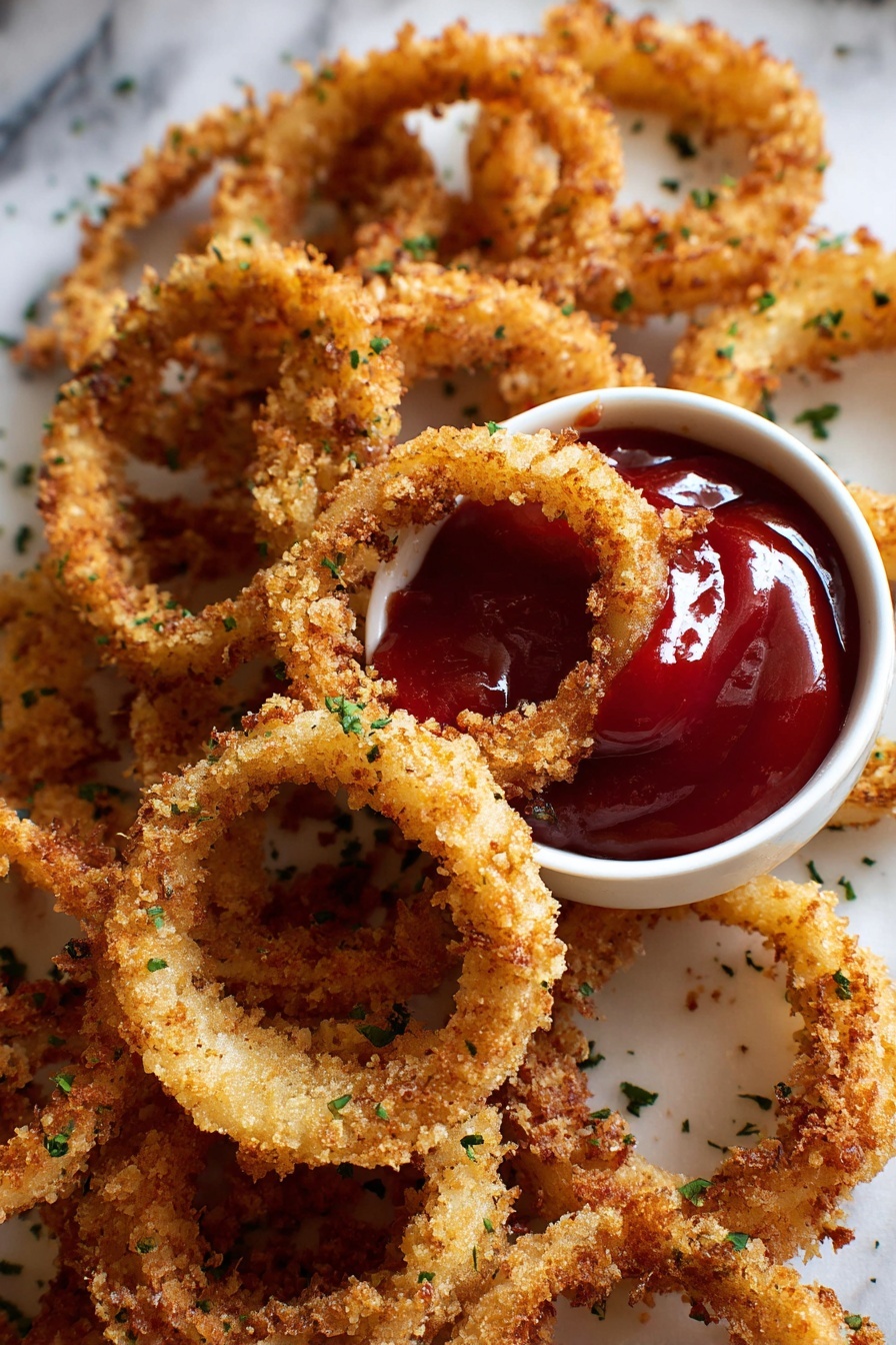 Crispy Baked Onion Rings, baked onion rings recipe, healthy onion rings, crunchy onion rings, homemade onion rings - A close-up view of many golden brown fried onion rings stacked and overlapping each other, each ring showing a crispy, textured breaded surface with some rough crumbs. Small green herb flakes are sprinkled evenly across the onion rings. The onion rings lie on a white marbled surface that softly reflects light, adding a clean contrast to the warm tones of the onion rings. Photo taken with an iphone --ar 2:3 --v 7