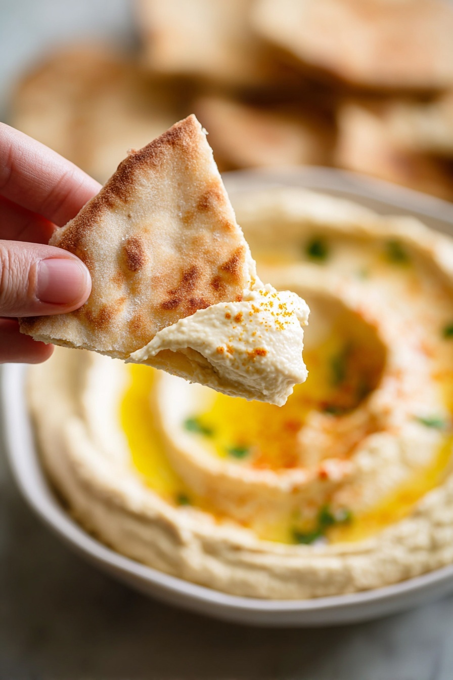 Creamy Chickpea Hummus, homemade hummus, easy vegan dip, healthy snack recipes, silky smooth hummus - A white bowl filled with creamy light beige hummus swirled with a shallow spiral, topped with a pool of golden olive oil, small green parsley pieces, and a light dusting of reddish paprika. The bowl sits on a surface with various colorful fresh vegetables and pita chips arranged in a rough circle around it. Starting from the top left, there are bright red radishes with green stems, followed by vertical strips of red bell pepper, clusters of orange carrots with light green tops, yellow carrots, small florets of pale green Romanesco cauliflower, bright green celery sticks, slices of dark green bell pepper, purple cauliflower florets, and purple carrots with light orange centers. Golden-brown triangular pita chips with a toasted texture fill the bottom left corner. The whole scene is on a white marbled texture. photo taken with an iphone --ar 2:3 --v 7
